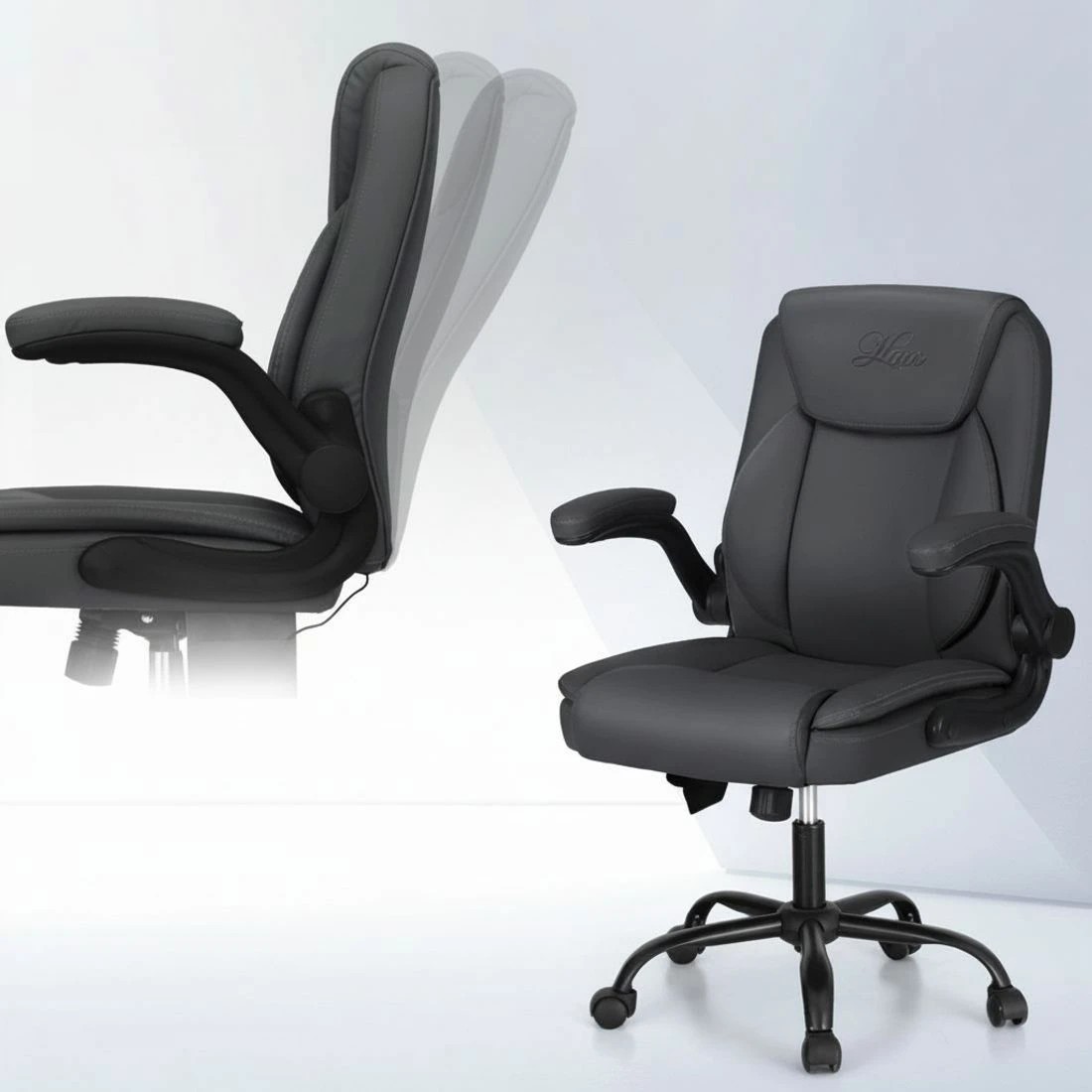 6 Artiss 2 Point Massage Office Chair Leather Mid Back - Grey, 6 of 7