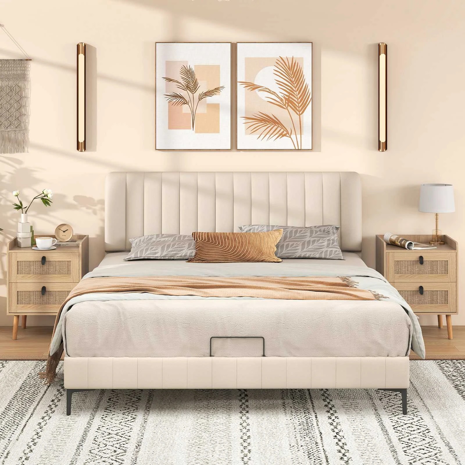 3 Costway Boho Accent Nightstand w/2 Rattan Drawers Modern Bedside Table, 3 of 4