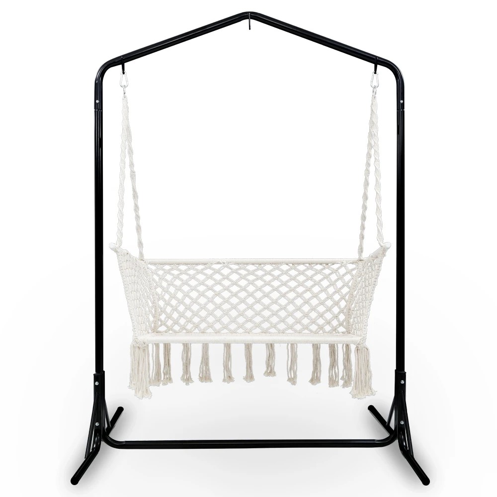 2 Gardeon Hammock Chair with Stand Macrame Outdoor Garden 2 Seater Cream - Multi, 2 of 7