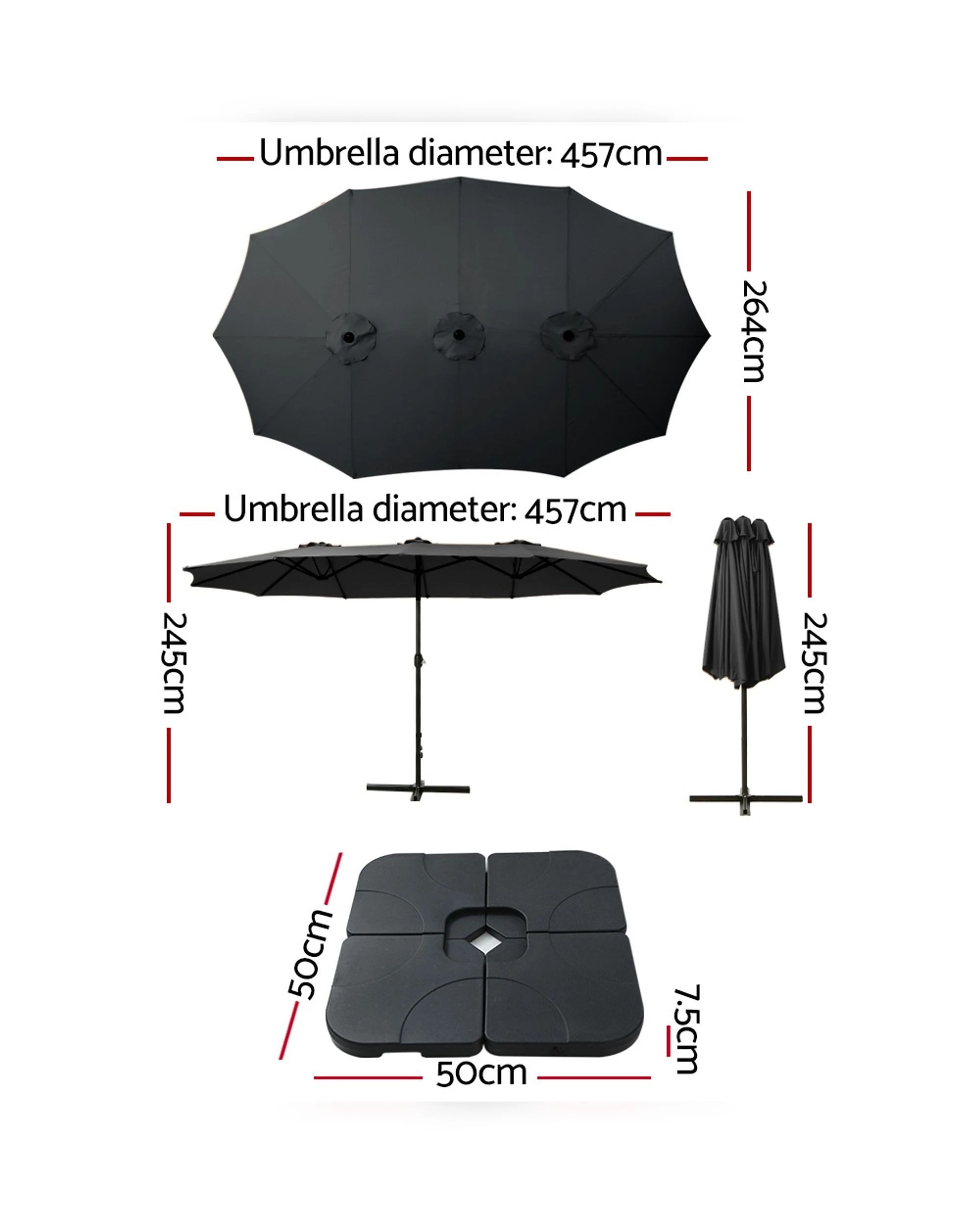 2 Instahut 4.57m Outdoor Umbrella w/Base Stand Beach Pole Garden Tilt - Black, 2 of 5