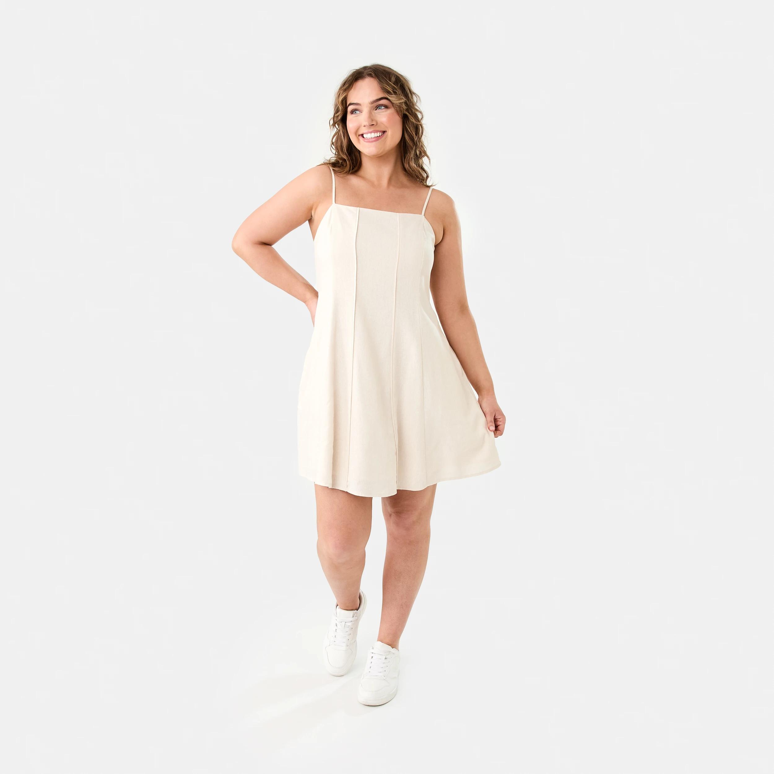 9 Sleeveless Pintuck Linen Blend Mini Dress Nat Beige, 9 of 9