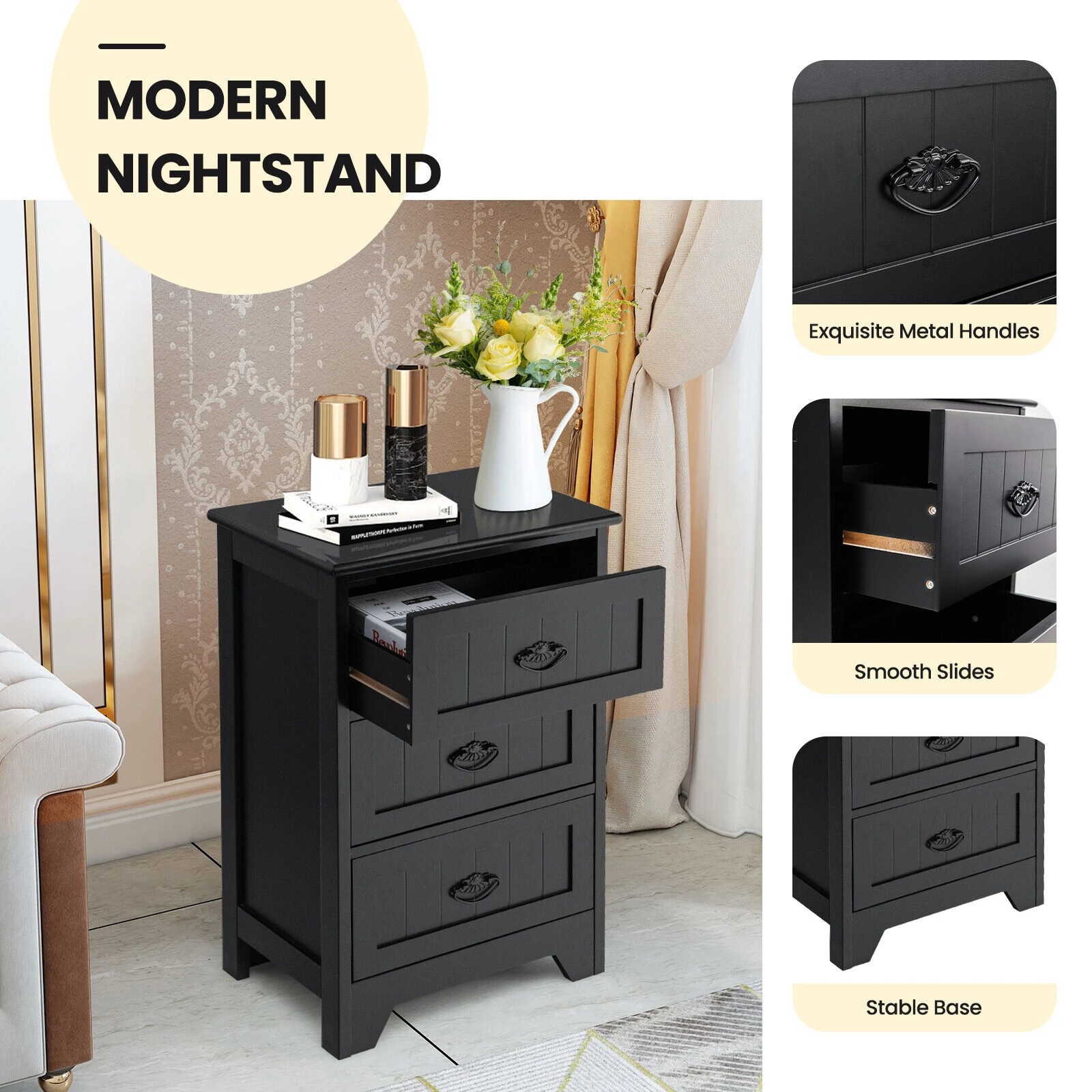 5 Costway 3 Drawers Bedside End Table Wood Nightstand, 5 of 8