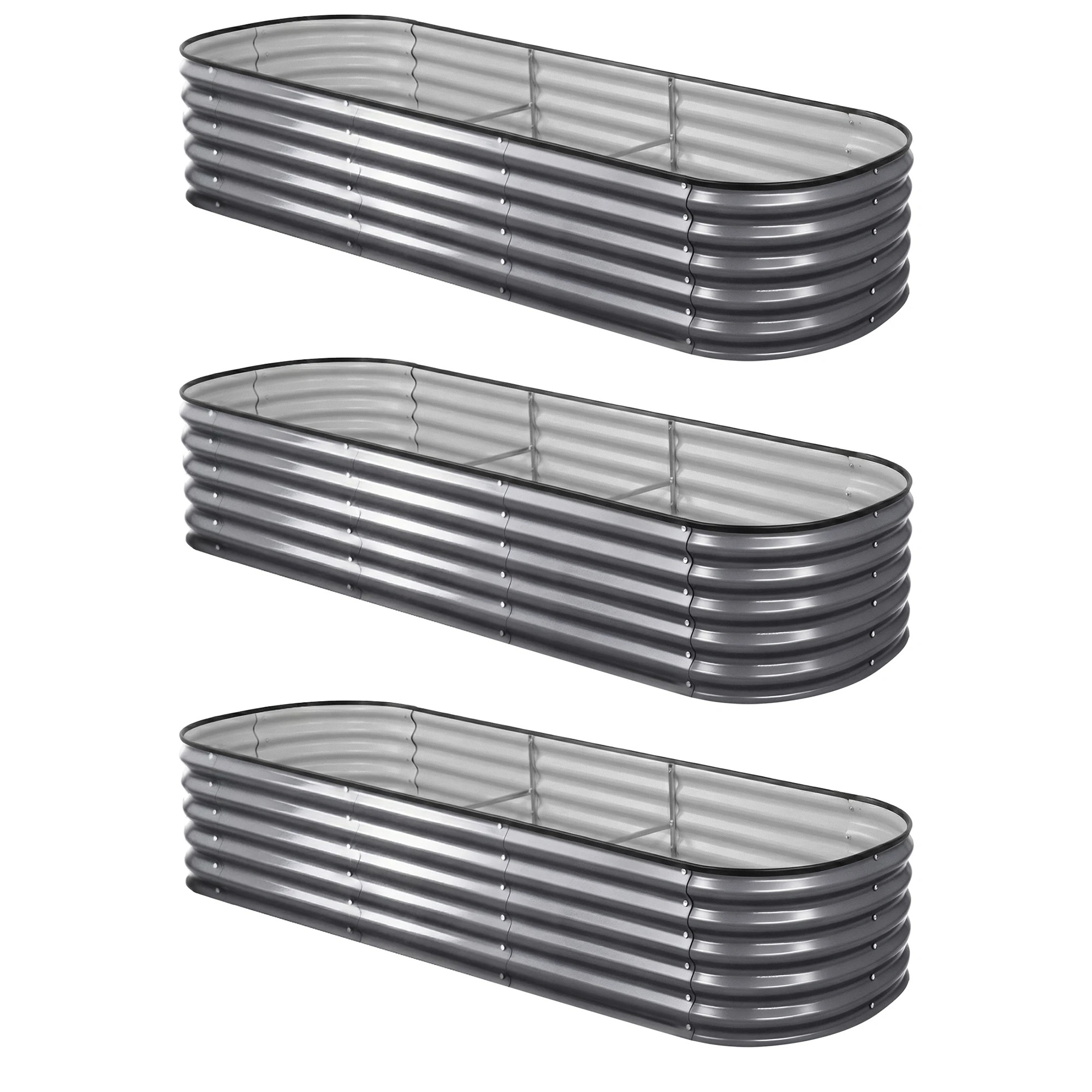 1 Green Fingers 3 Pcs Raised Garden Bed Kit 240x80x42cm Oval Galvanized Steel Planter Boxes Vegetables - Grey, 1 of 3