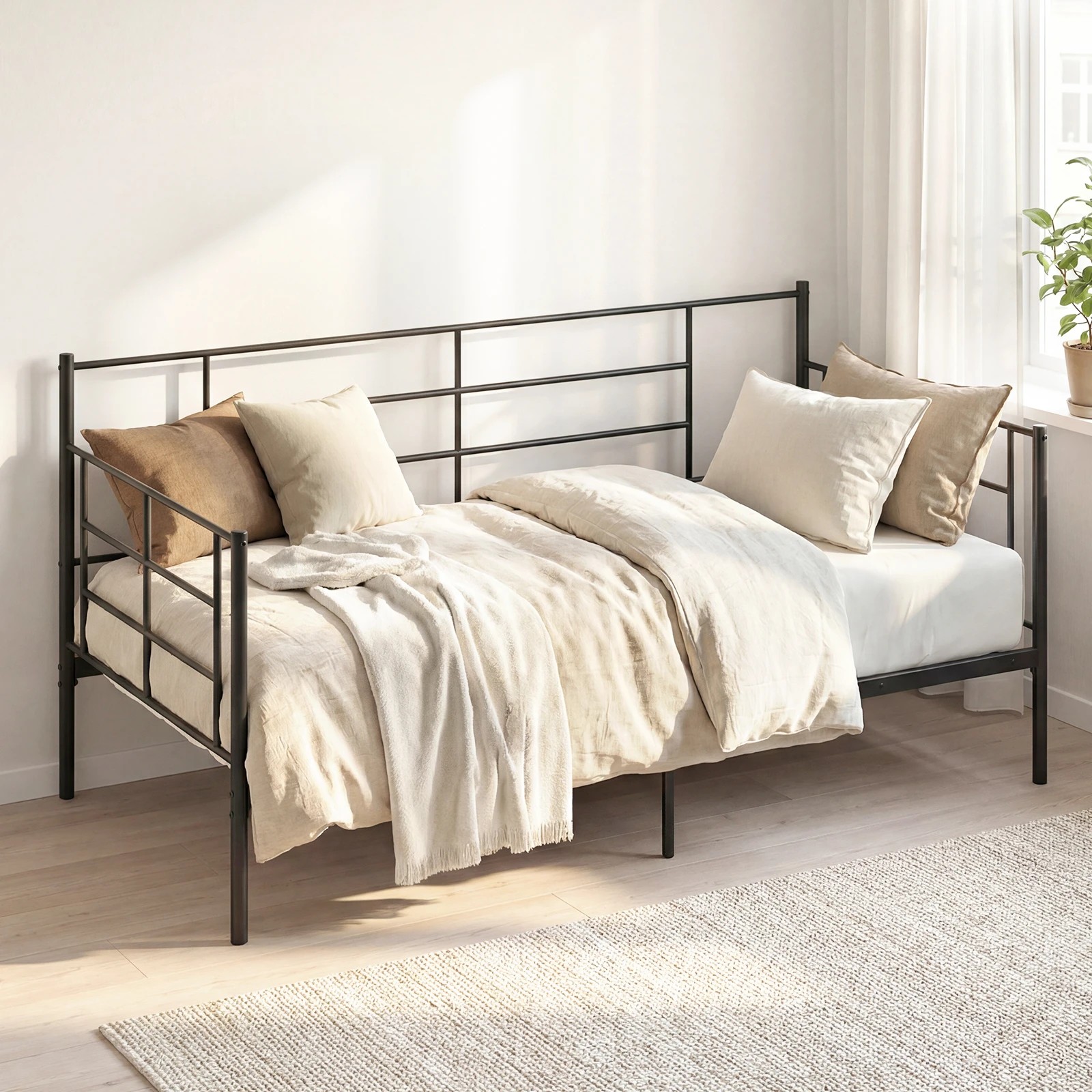 2 Costway Single Daybed Bed Frame 2-in-1 Sofa Bed w/Arms & Back Metal Slat Support, 2 of 3