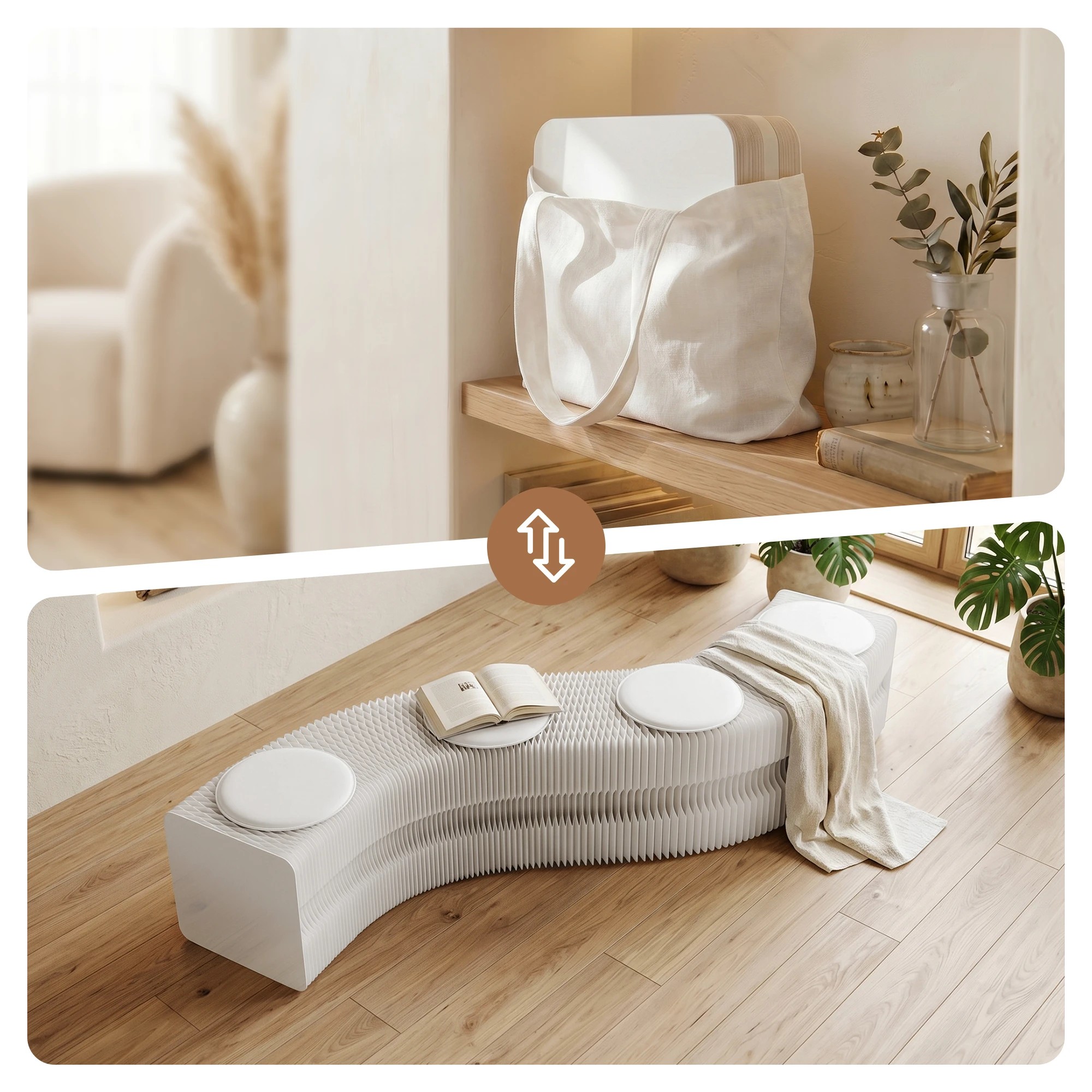 4 Artiss Folding Paper Bench With 4 PU Leather Seat Pads Expandable Accordion Stool For 4 Seats - White, 4 of 10