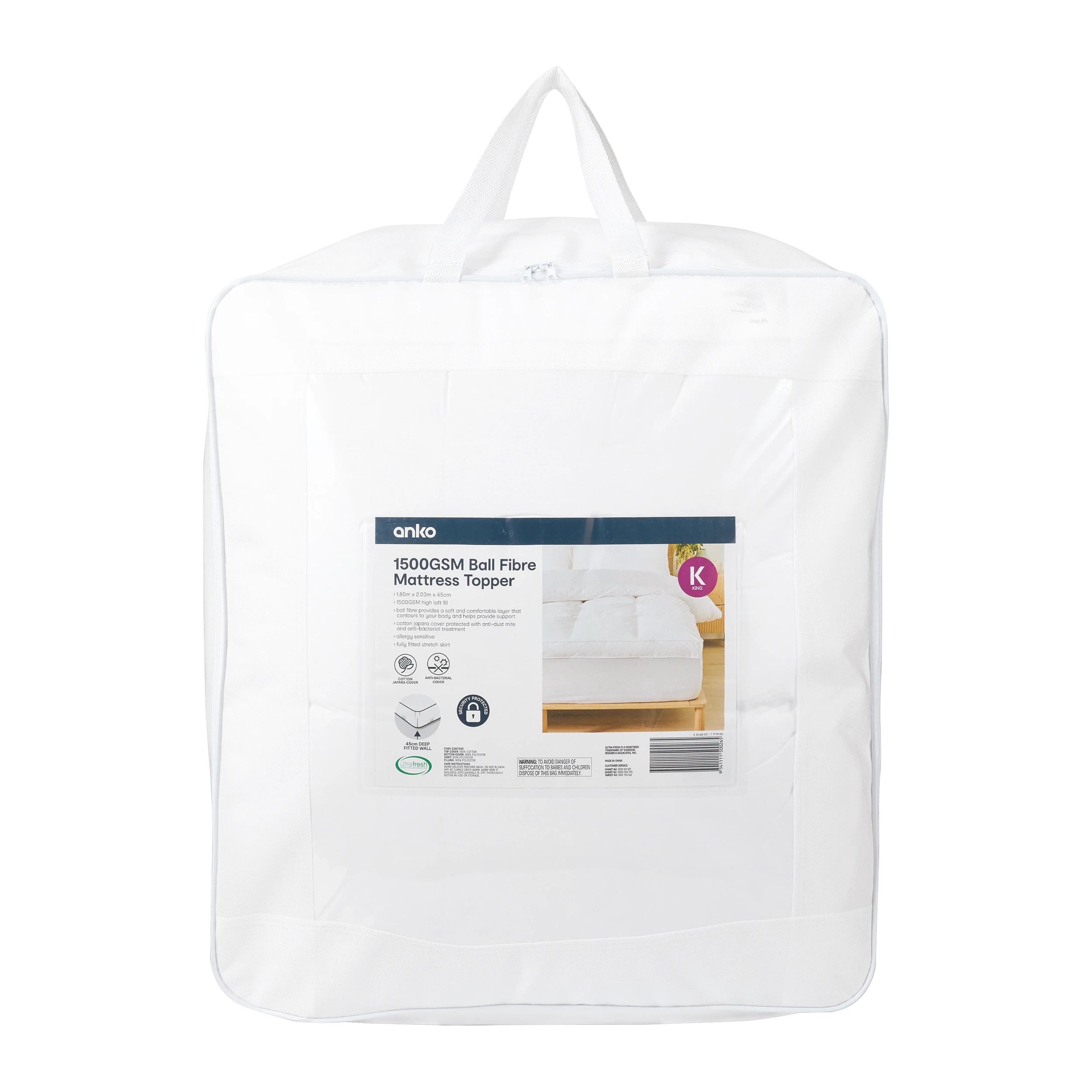 1 1500GSM Ball Fibre Mattress Topper - King Bed, White, 1 of 6