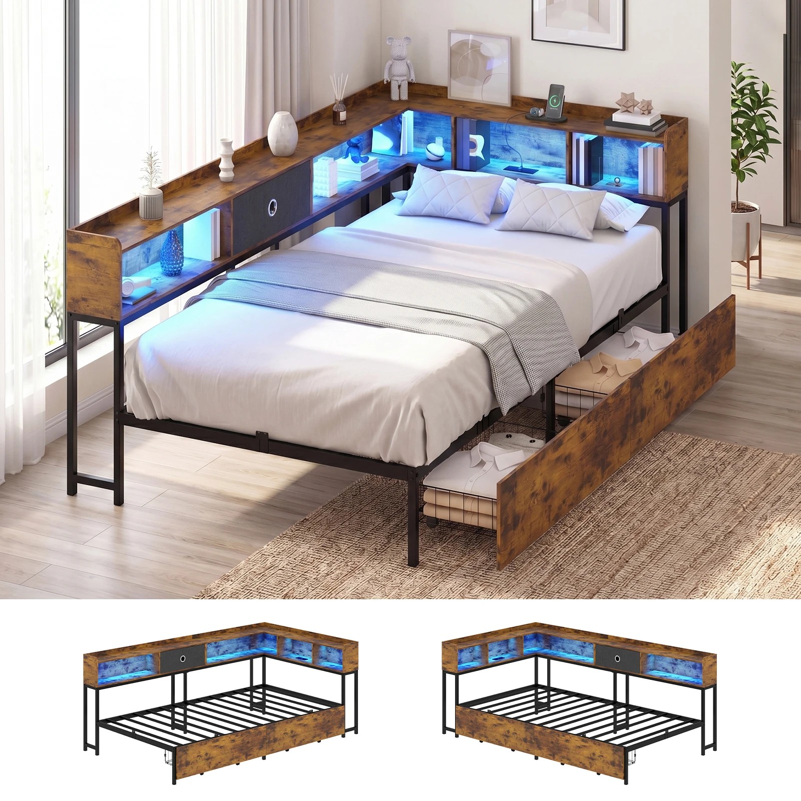 2 Advwin King Single Corner Bed Frame with Storage Drawers, Charging Station and LED Lights - Brown, 2 of 10