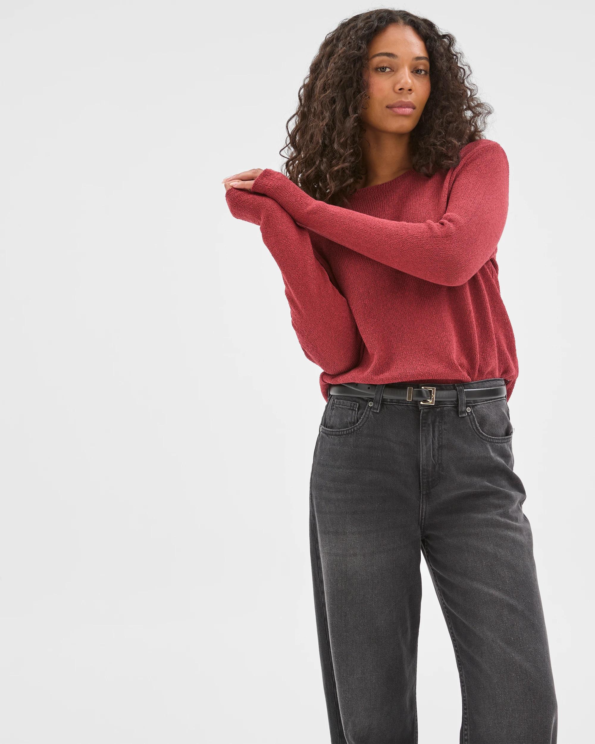 2 Target Woman Australian Cotton Blend Long Sleeve Step Hem Textured Knit Top BRICK, 2 of 7