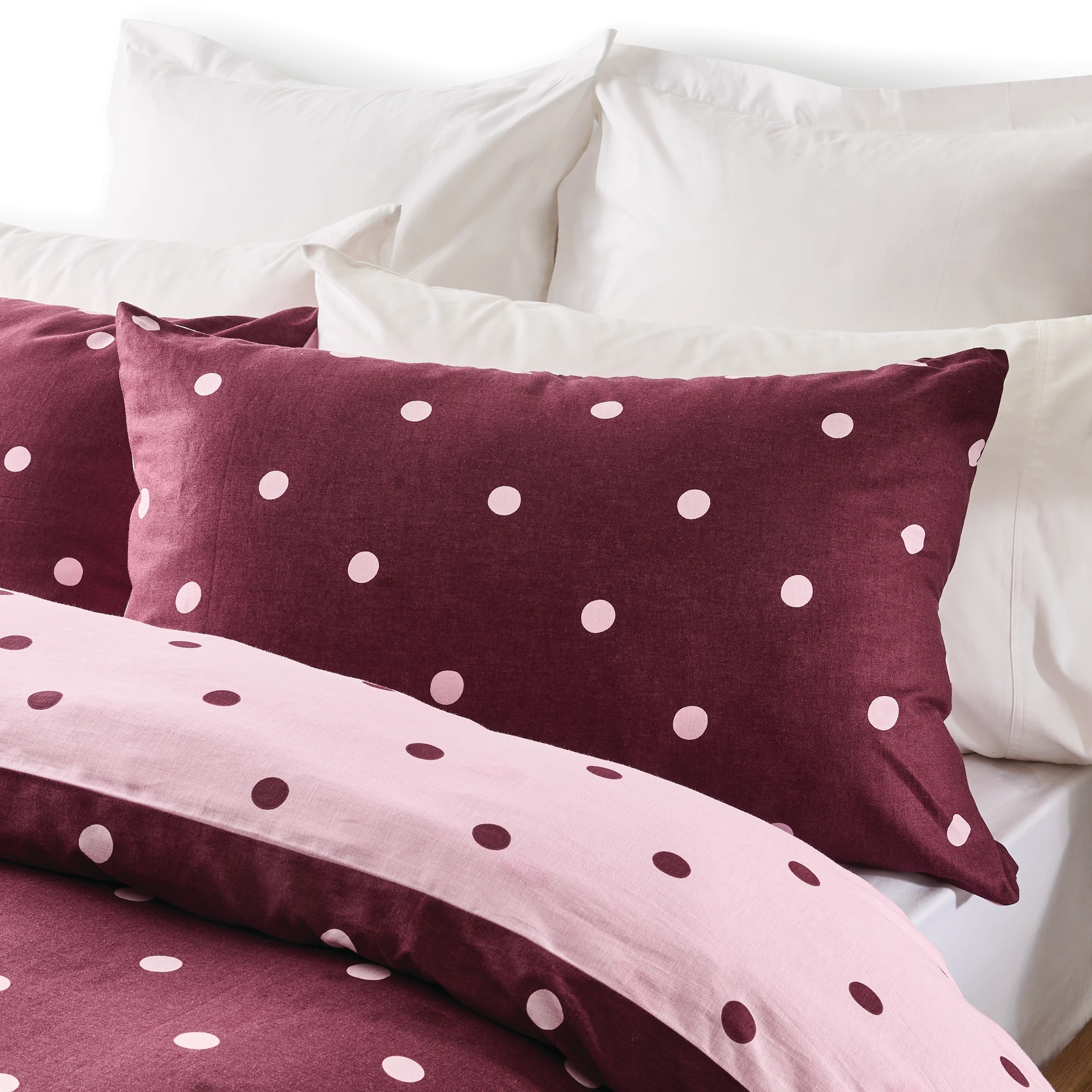 4 Polka Dot Linen Cotton Reversible Quilt Cover Set - Queen Bed, Fig and Pink, 4 of 8