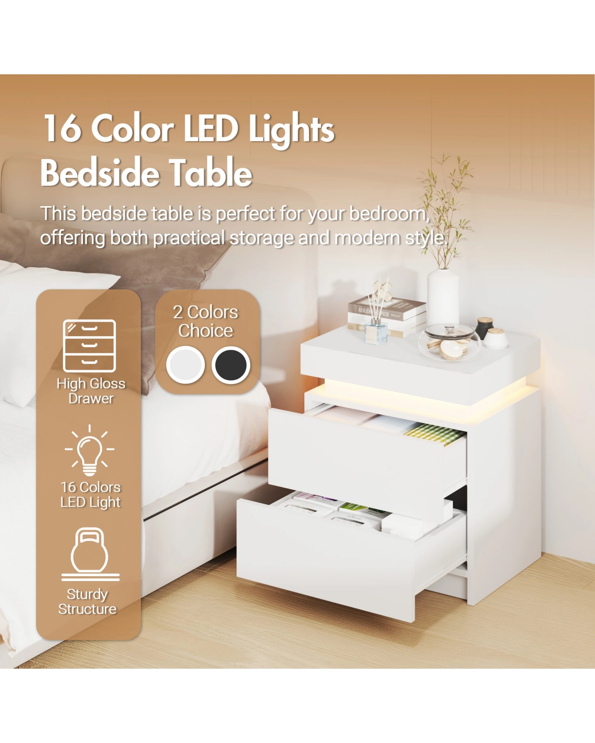 4 Advwin Bedside Table  Led Nightstand 2 Drawers Lift Up Side Table
 - White, 4 of 10