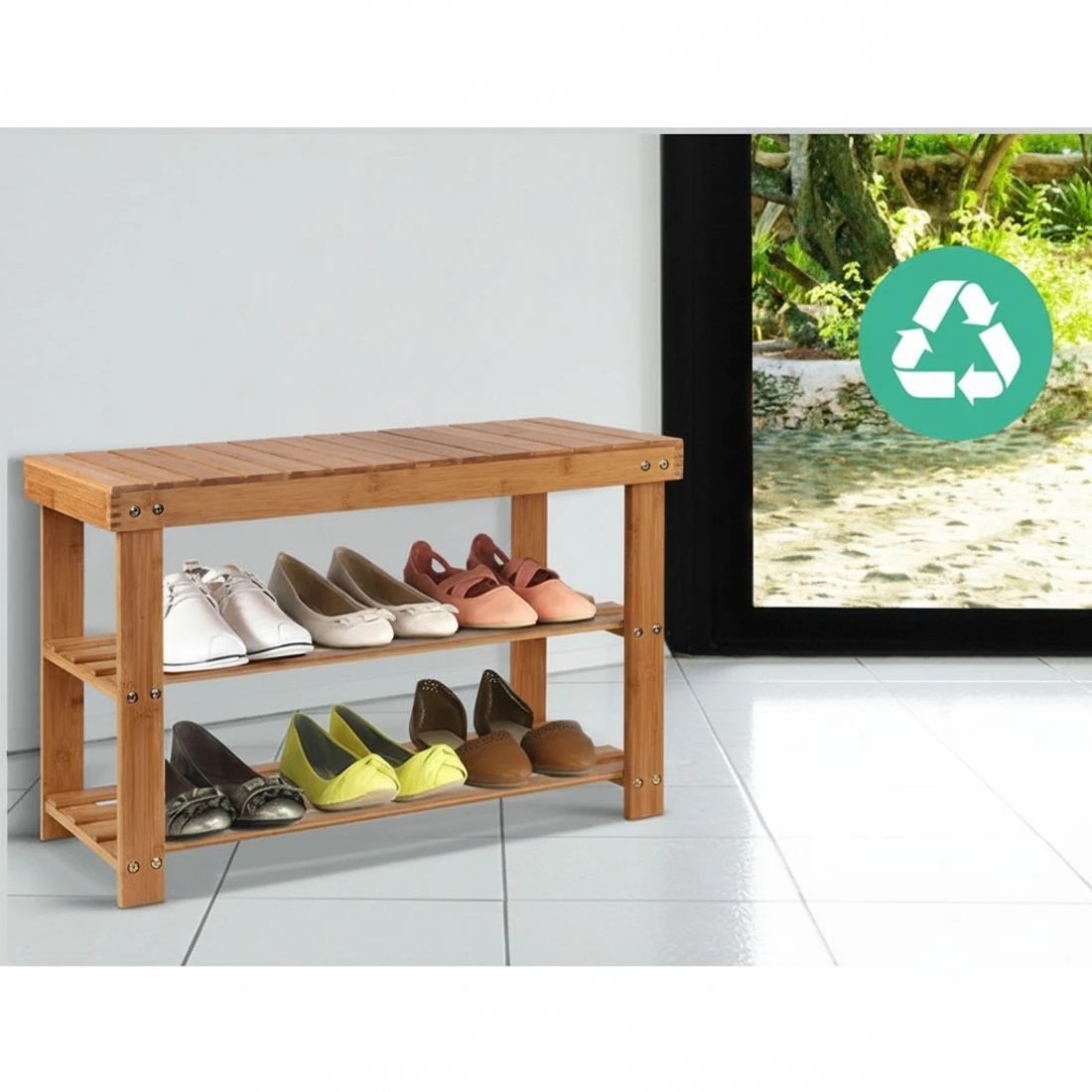 6 Artiss Shoe Rack Shoe Bench 10 Pairs Bamboo Entryway Storage Seat Easy Clean Sturdy Bedside Table Eco-friendly - Brown, 6 of 8