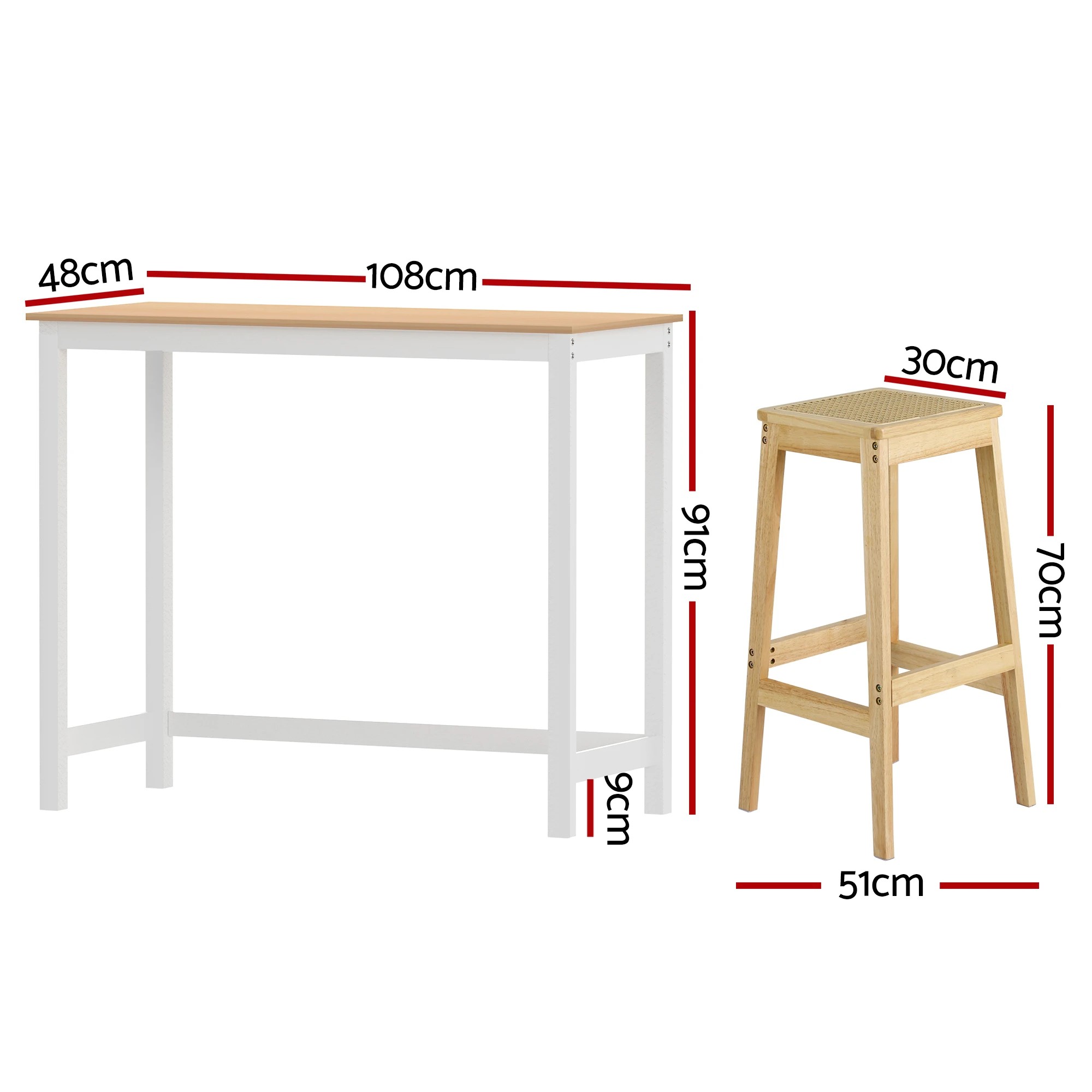 2 Artiss Bar Table and Stools Set Dining Desk Solid Wood Rattan Kitchen Chairs Cafe Pub - Natural, 2 of 9