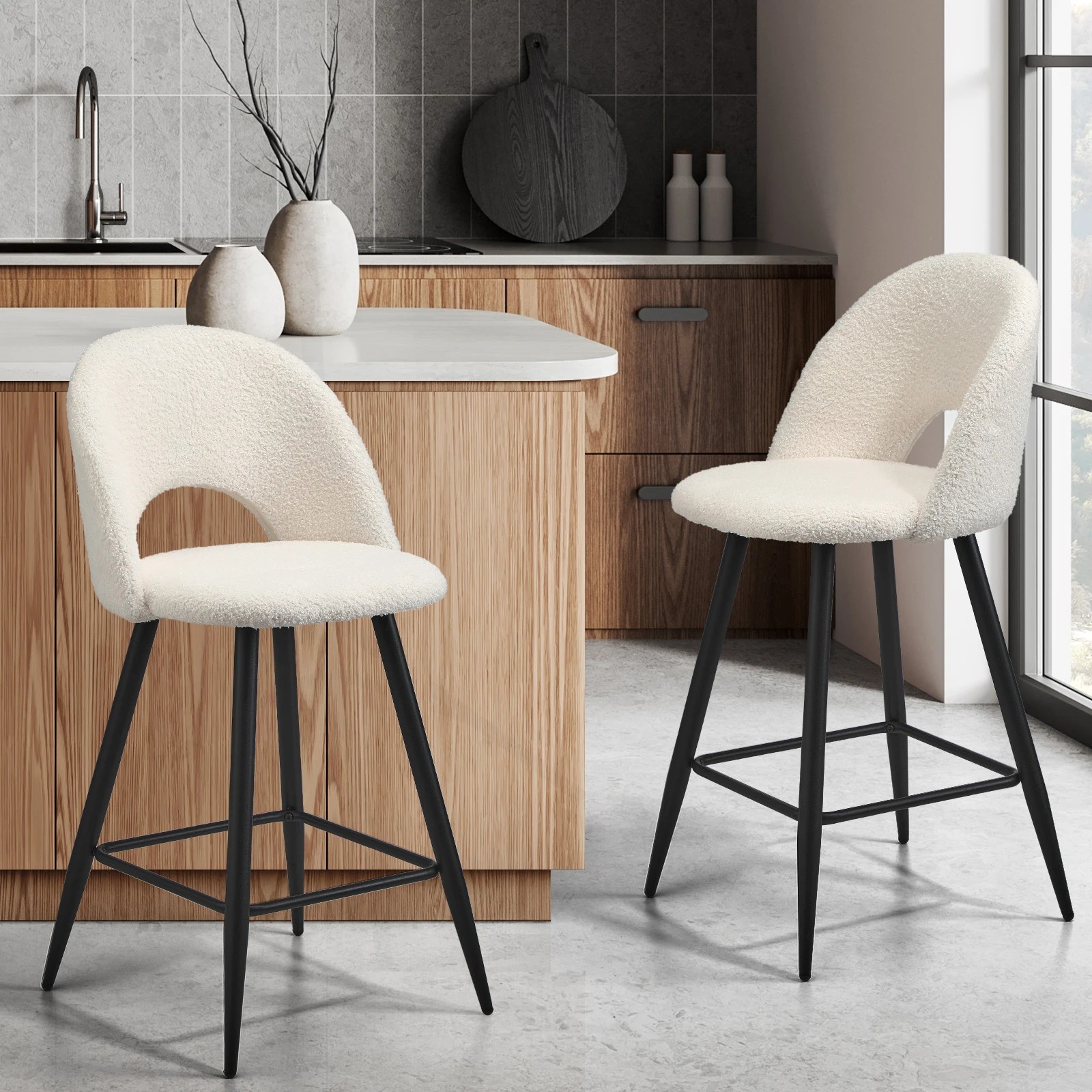 2 Oikiture 2x Bar Stools Kitchen Counter Stool Dining Chairs Boucle Horn
 - White, 2 of 10