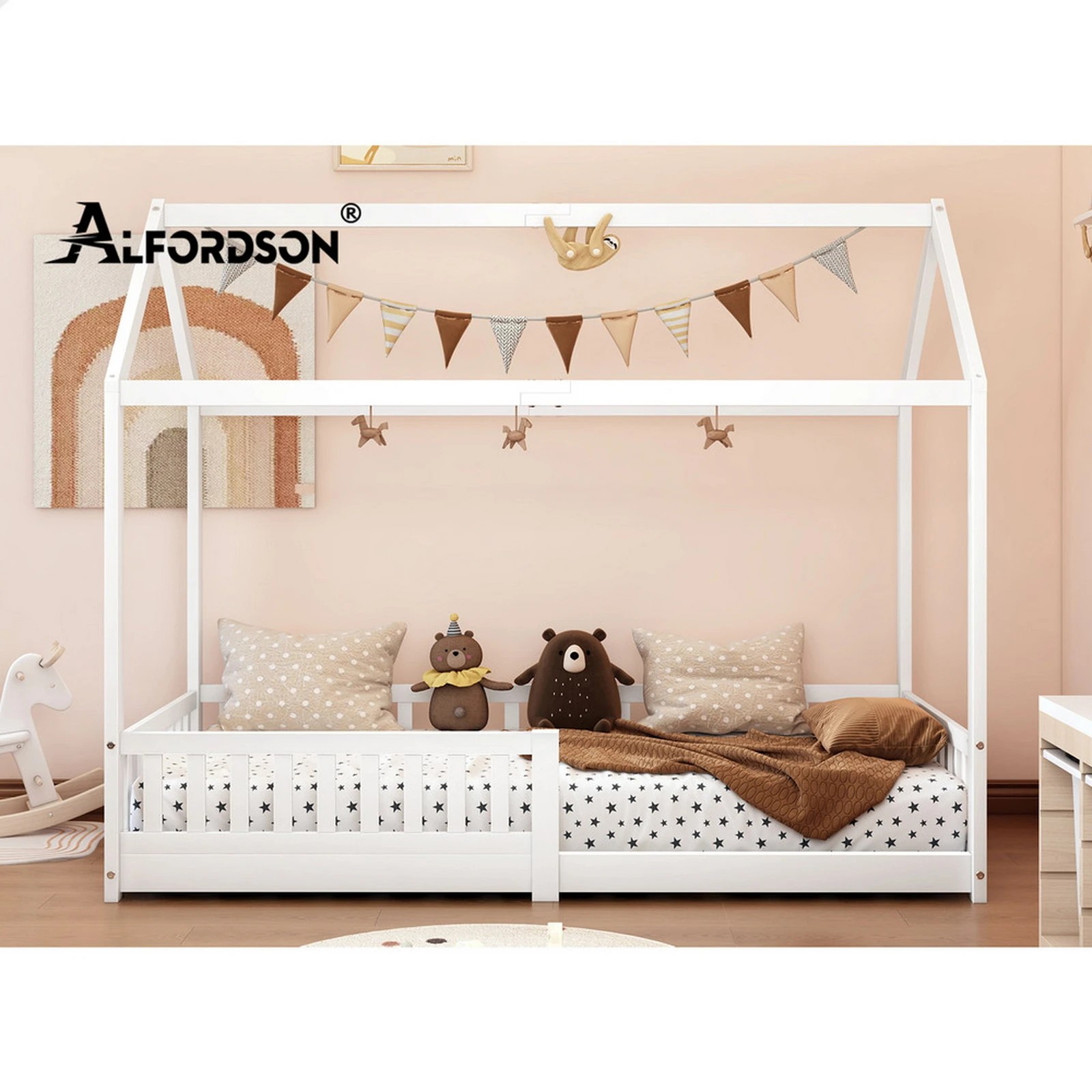 7 Alfordson Kids Bed Frame Wooden Timber Single House Frame Platform Base - White, 7 of 10