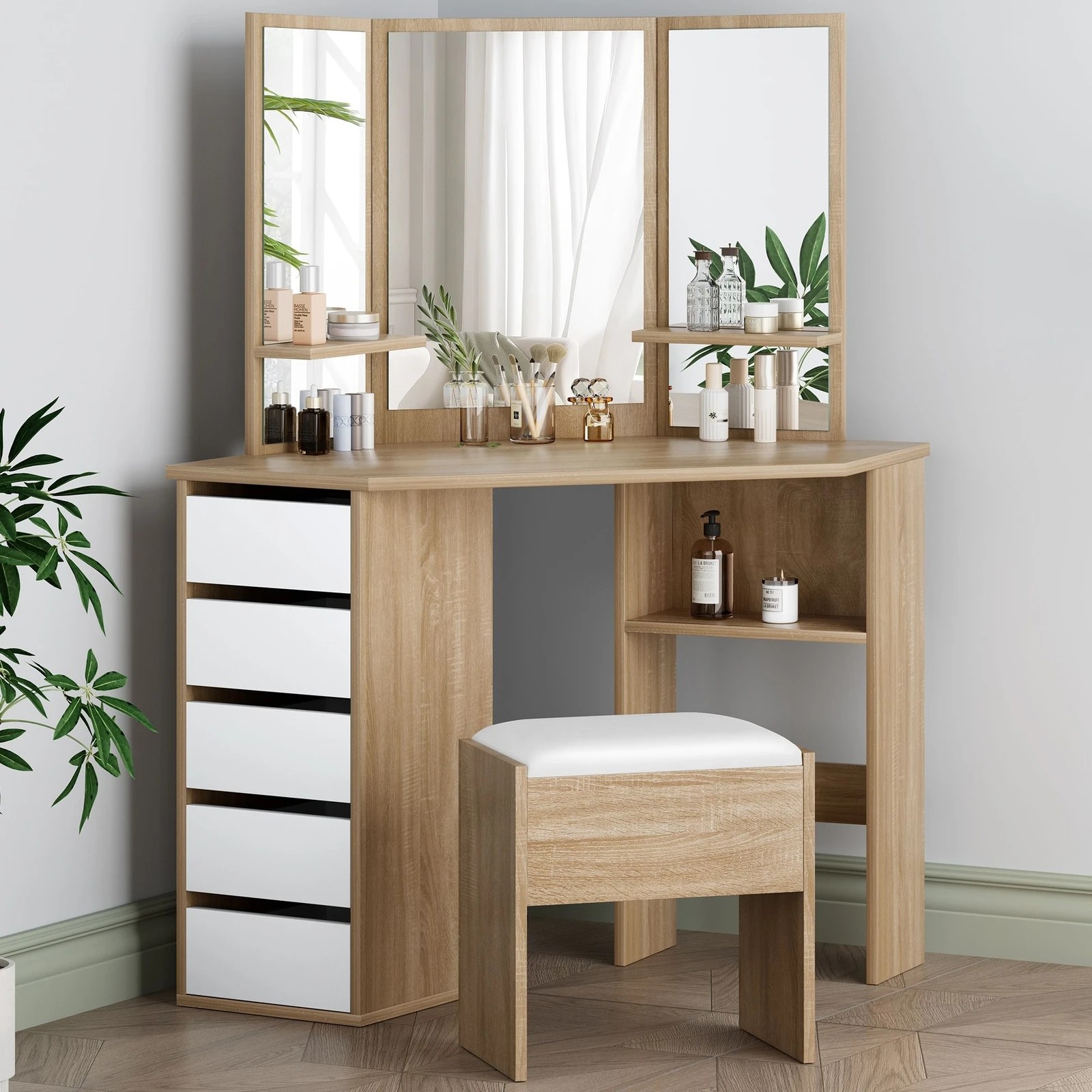 3 Alfordson Dressing Table Stool Set Makeup Tri-fold Mirror Vanity Desk - Oak, 3 of 10
