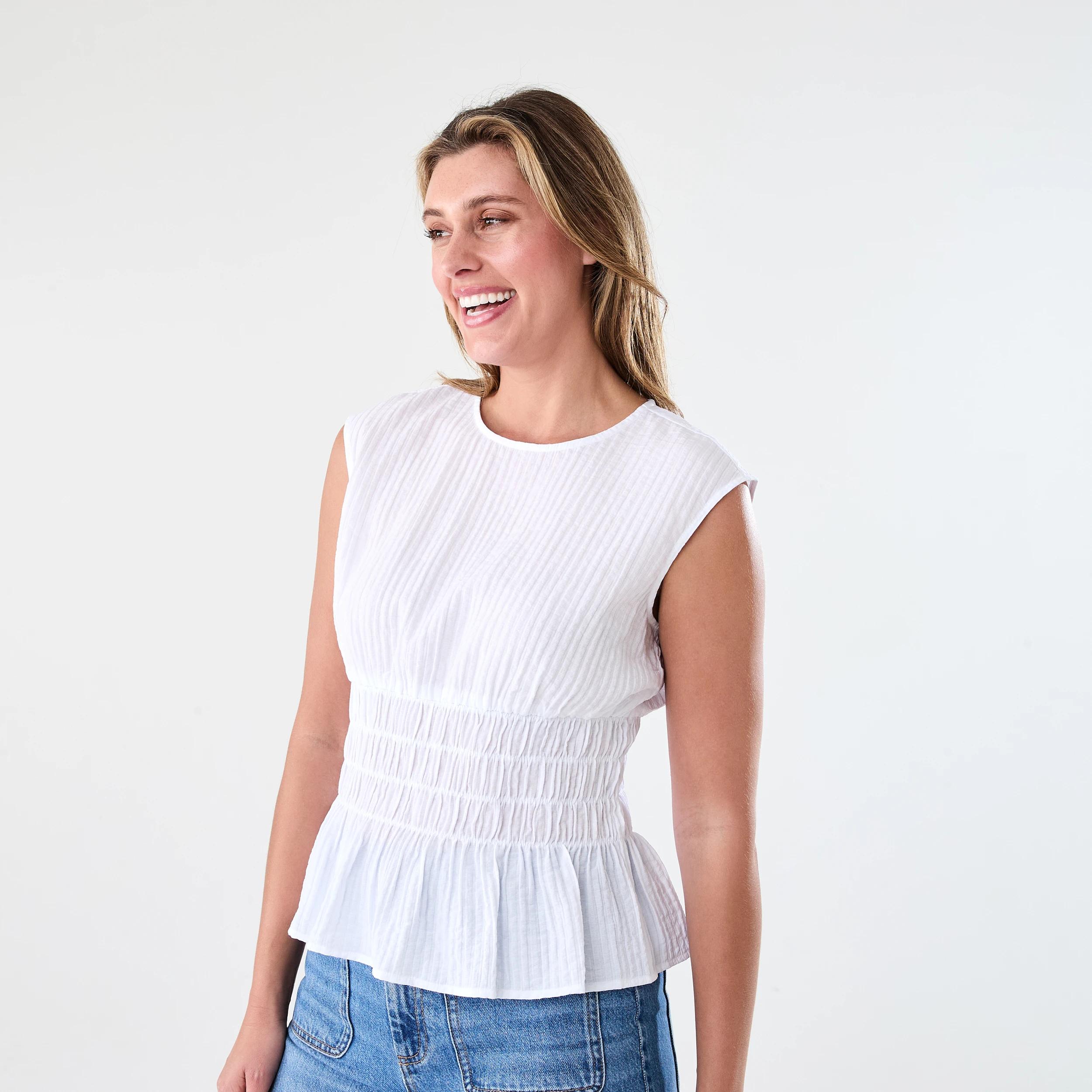 2 Sleeveless Crew Neck Shirred Top White, 2 of 6