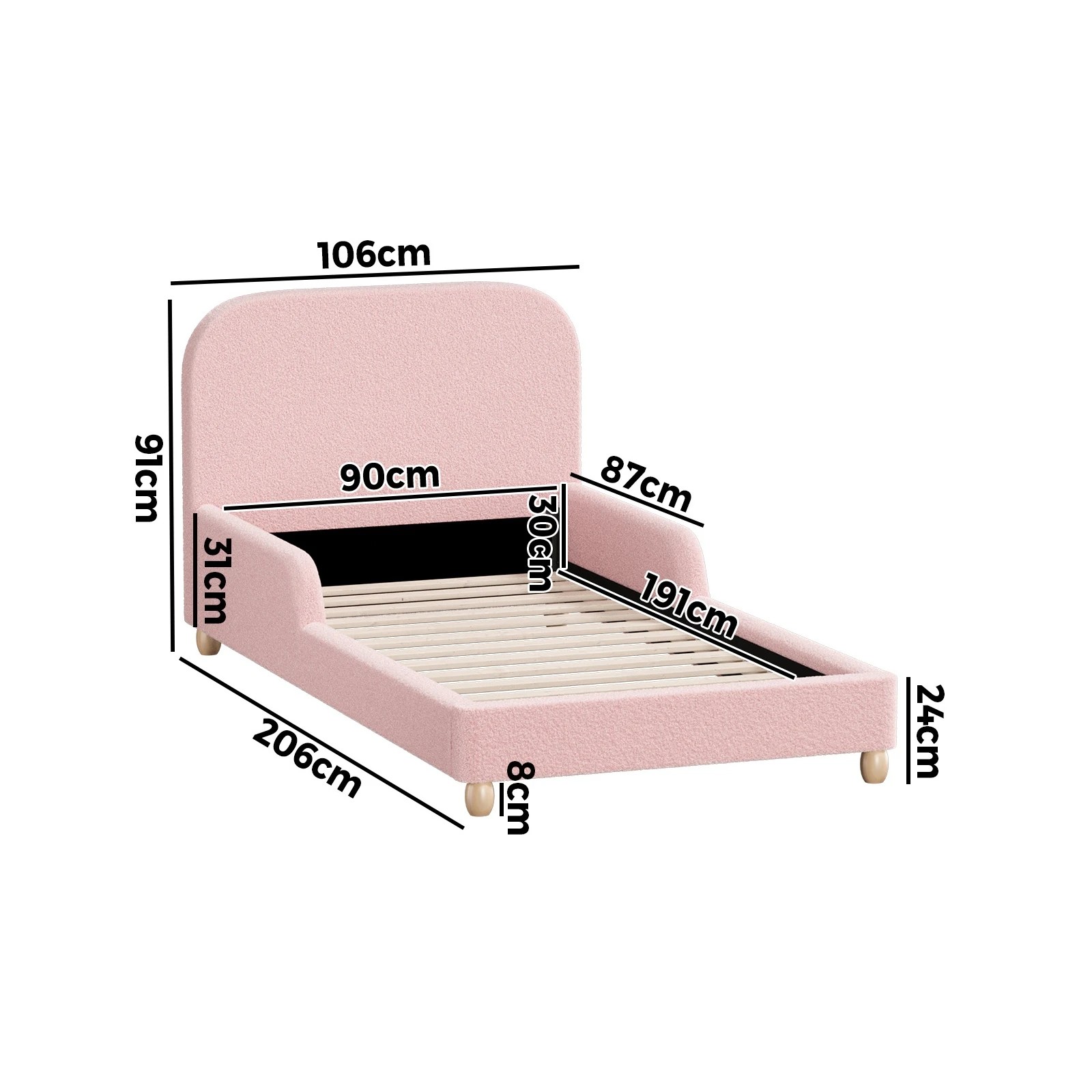 2 Oikiture Kids Bed Frame Single Size with Side Guard Rails Boucle - Pink, 2 of 10