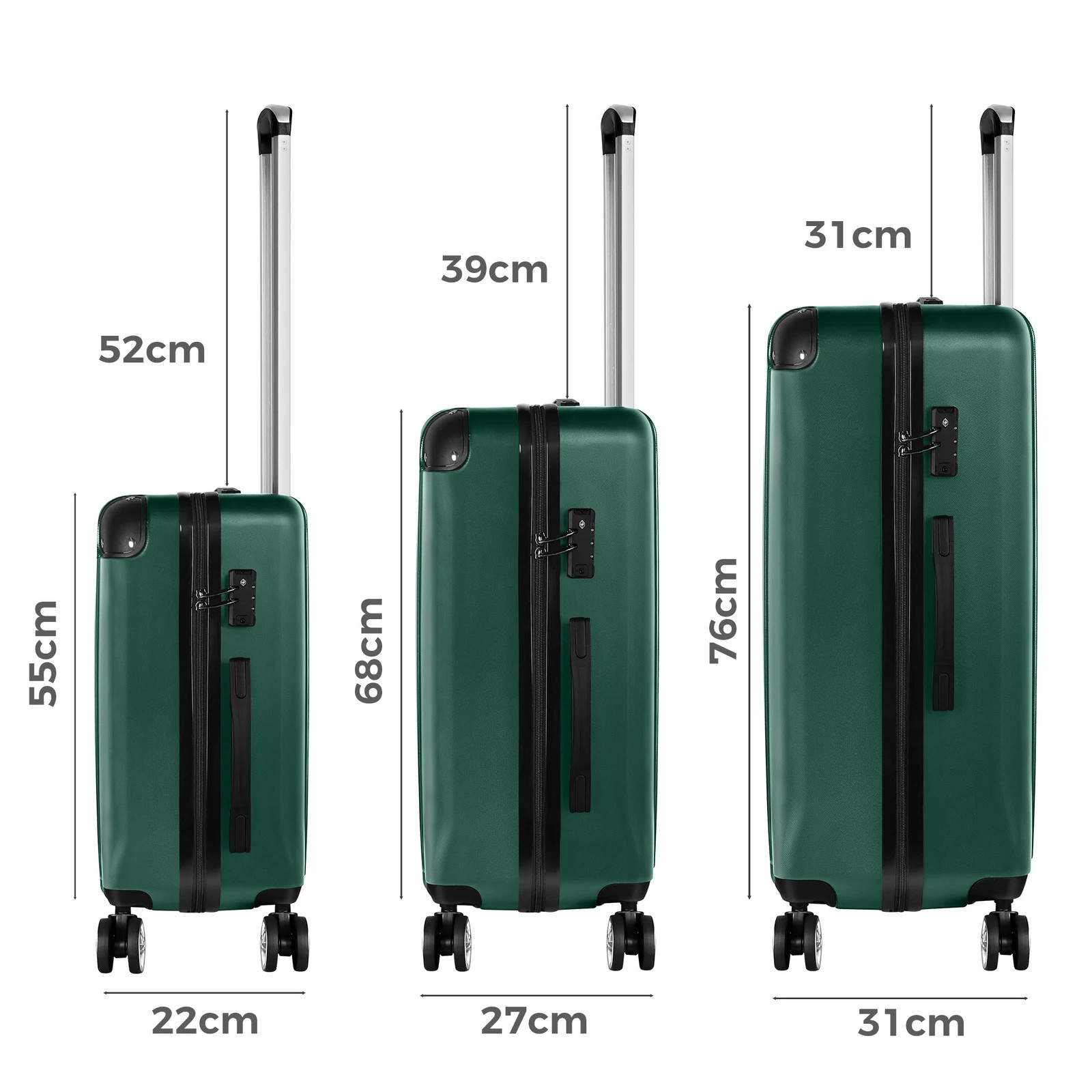 9 Alfordson Luggage 3PCS Set Suitcase ABS+PC Trolley TSA Hard Shell Case - Green, 9 of 9