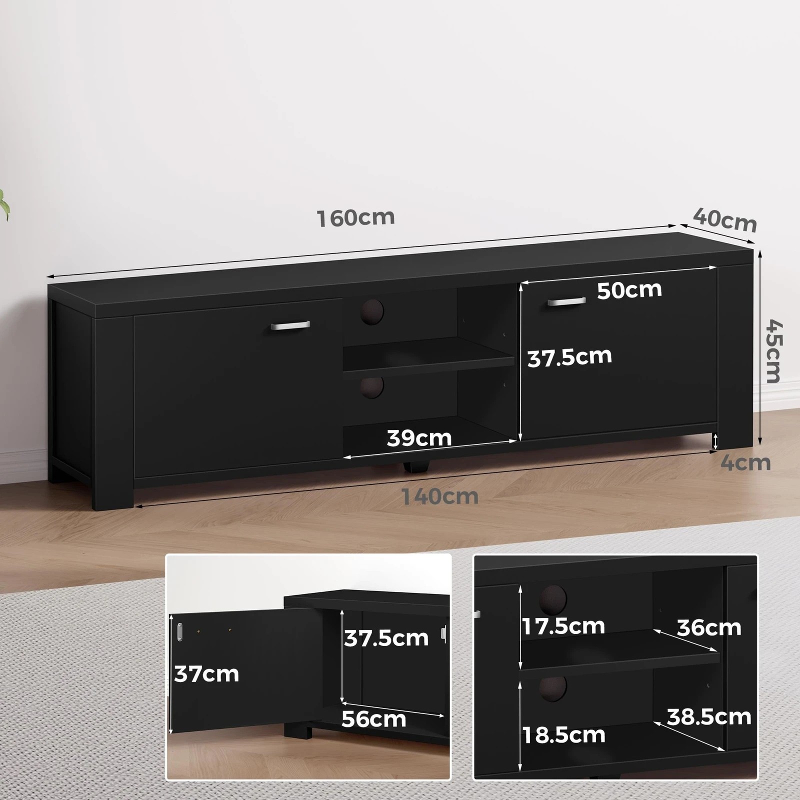 9 Alfordson TV Cabinet Entertainment Unit Stand Storage Shelf 160cm - Black, 9 of 10