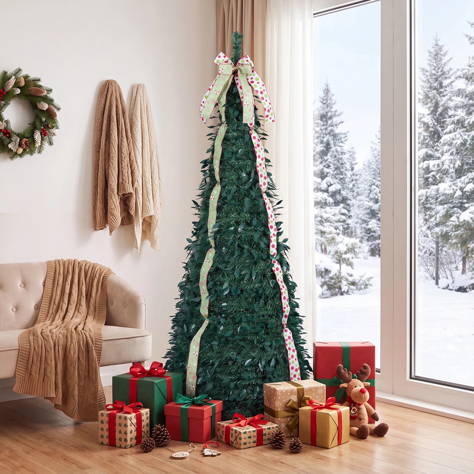 3 Costway 1.8M Pre-Decorated Pop Up Christmas Tree Foldable Holiday Xmas Tree w/Tree Topper Bow, 3 of 8