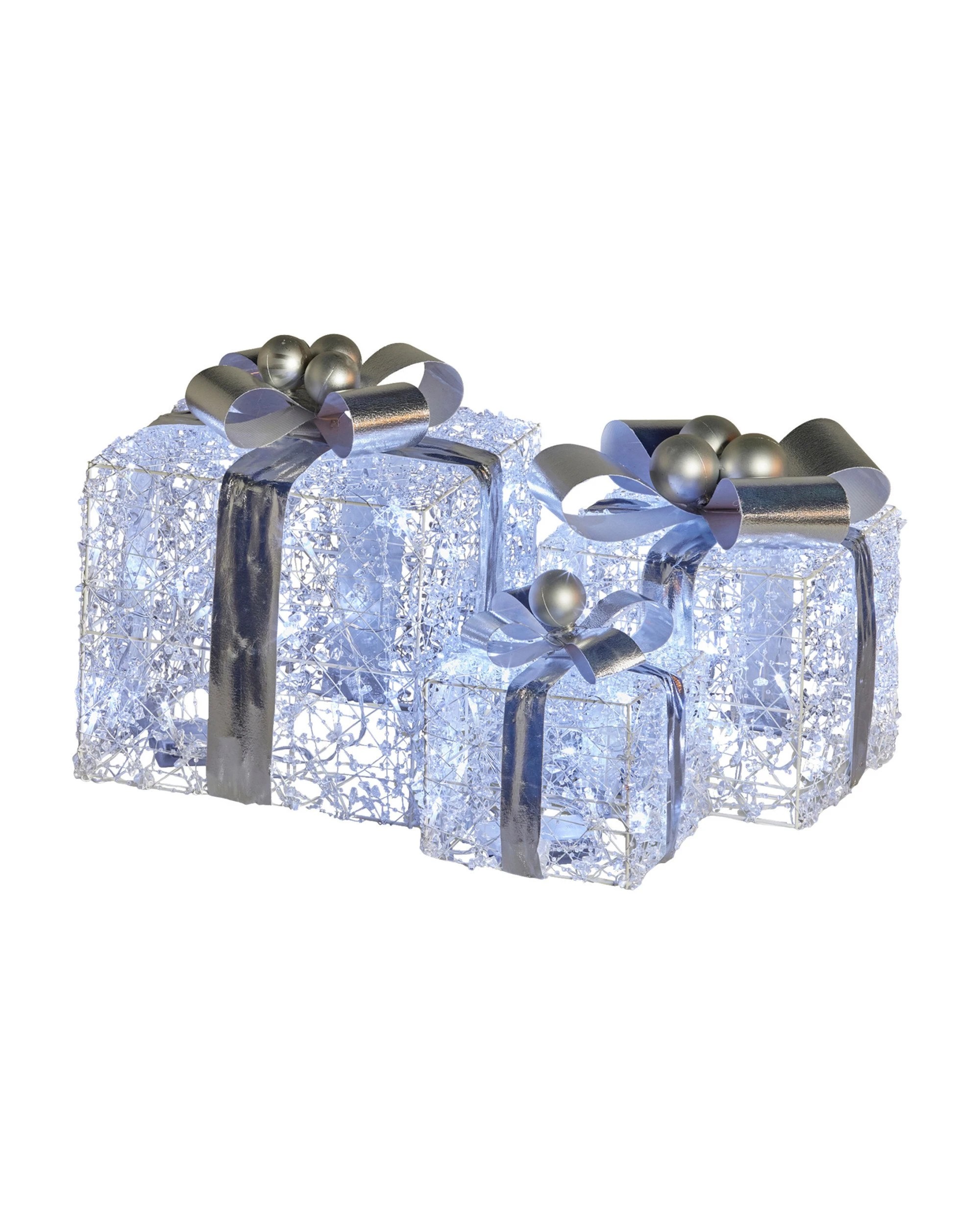1 Christabelle Set Of 3 Christmas Gift Boxes Display With Lights Jewelled Wire And Silver Bows, 1 of 7