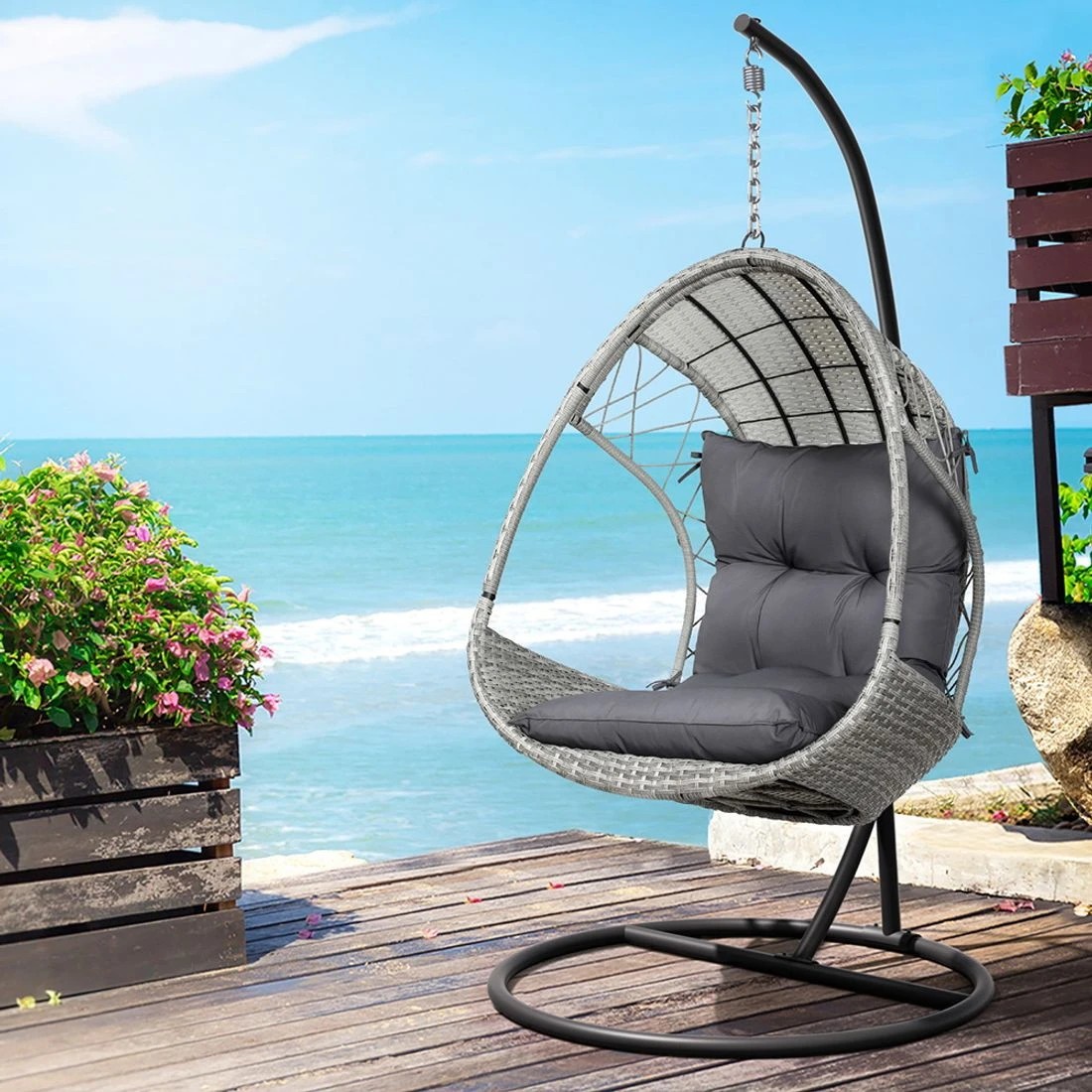 3 Gardeon Outdoor Egg Swing Chair Wicker Furniture Pod Stand Armrest Light - Grey, 3 of 6