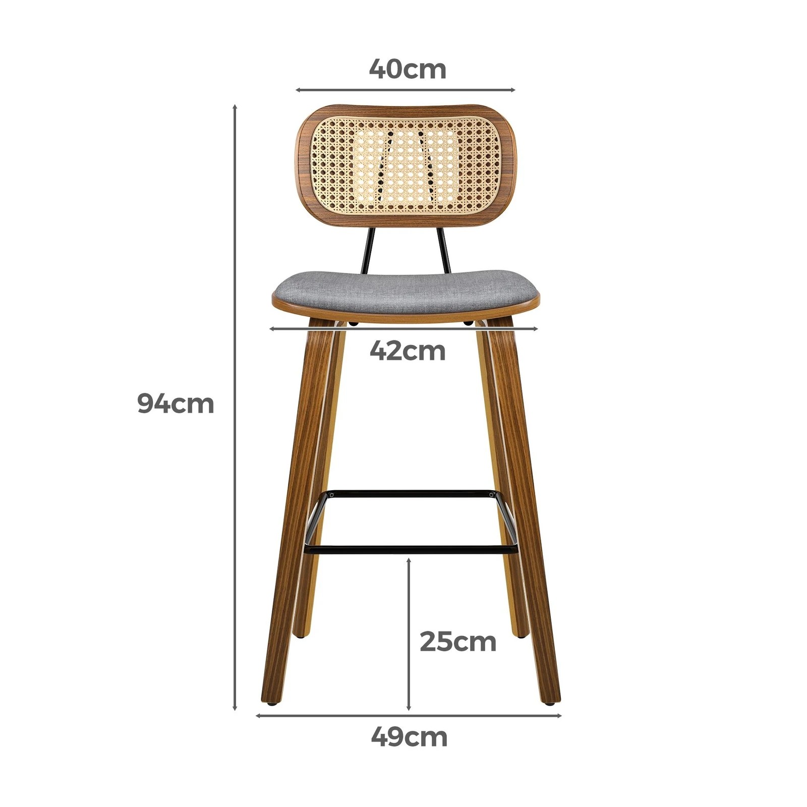 6 Alfordson 2x Bar Stools Kitchen Vintage Fabric Seat Rattan Chair Wooden - Grey, 6 of 8