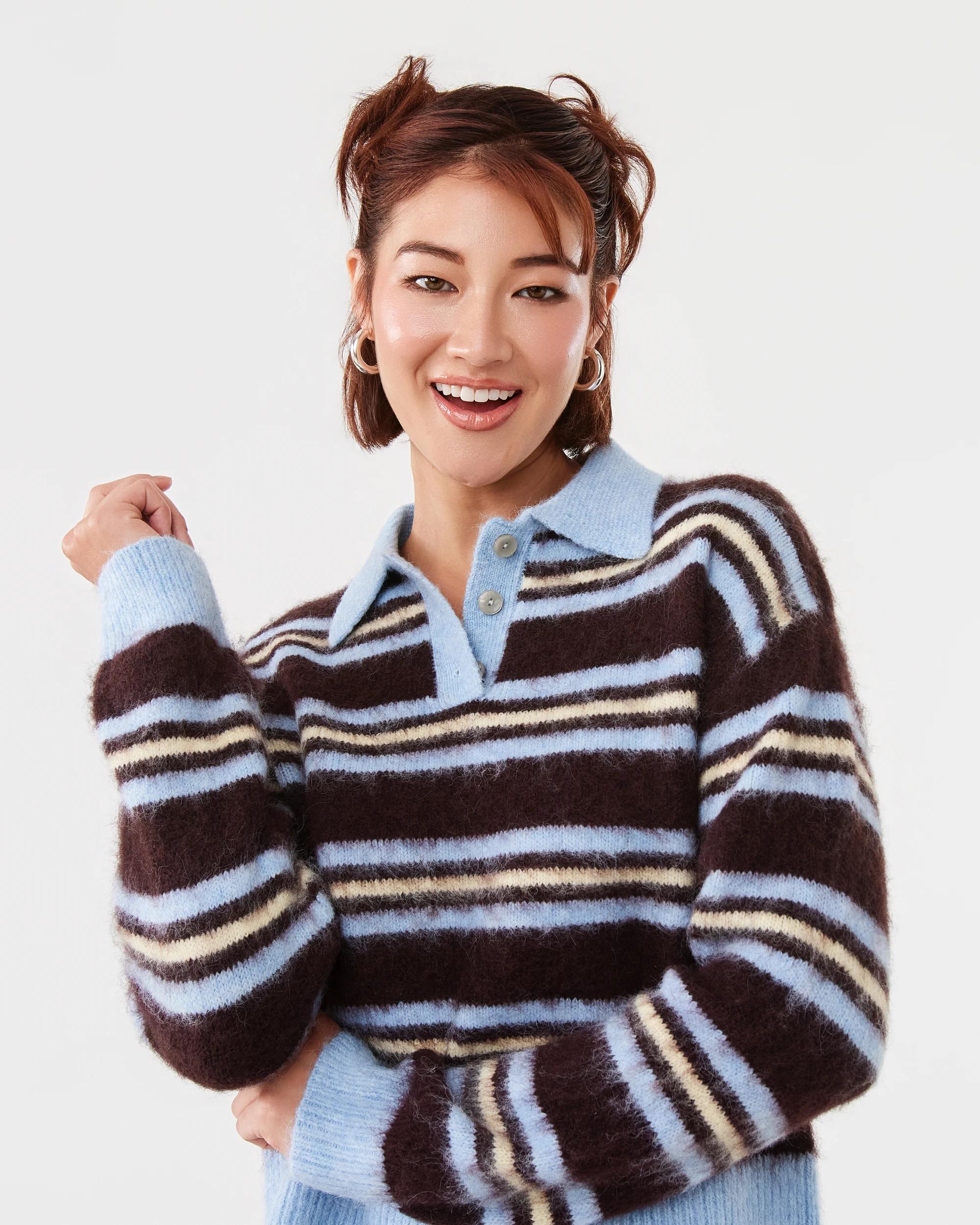 5 Long Sleeve Fluffy Polo Jumper Nvy Stripe, 5 of 8