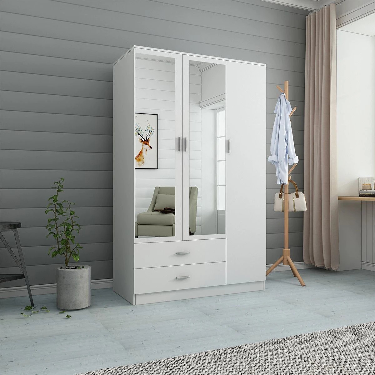 6 Ausway 3 Door 2 Drawer Mirrored Wardrobe Cabinet 4 Storage Shelves Armoire, 6 of 10