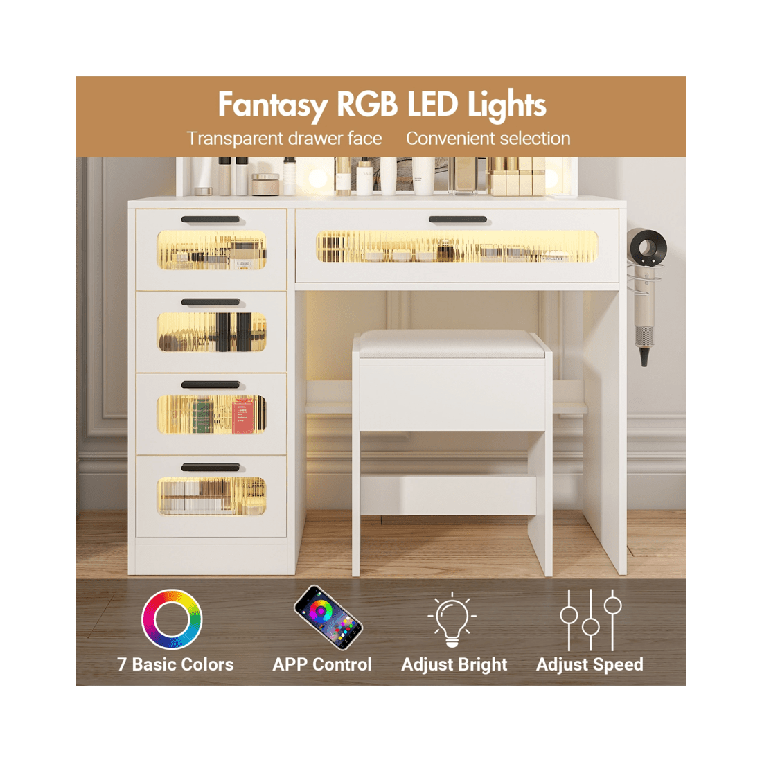 4 Advwin Dressing Table Stool Set With Mirror 10 Led Bulbs Vanity Desk
 - White, 4 of 10