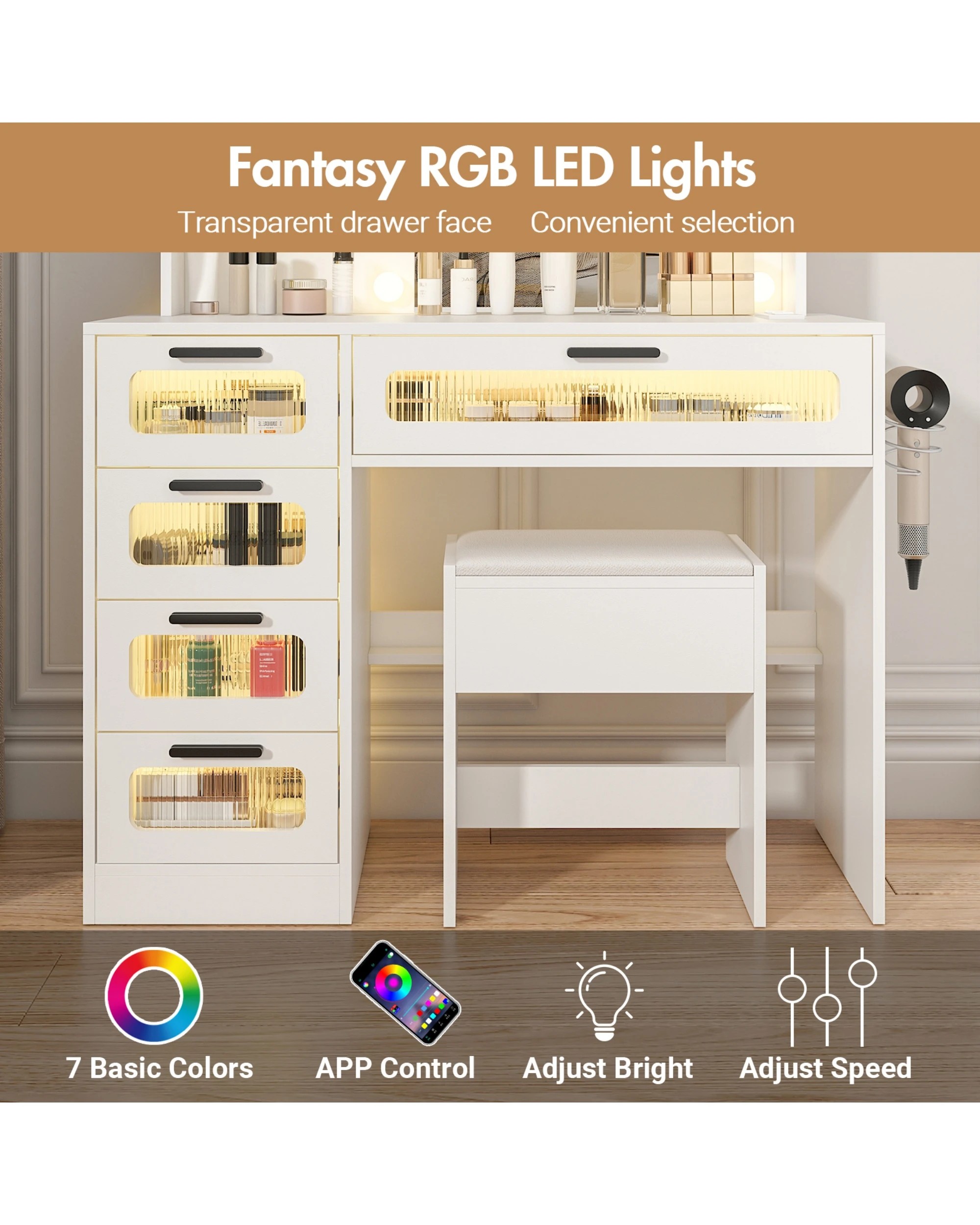 4 Advwin Dressing Table Stool Set With Mirror 10 Led Bulbs Vanity Desk
 - White, 4 of 9