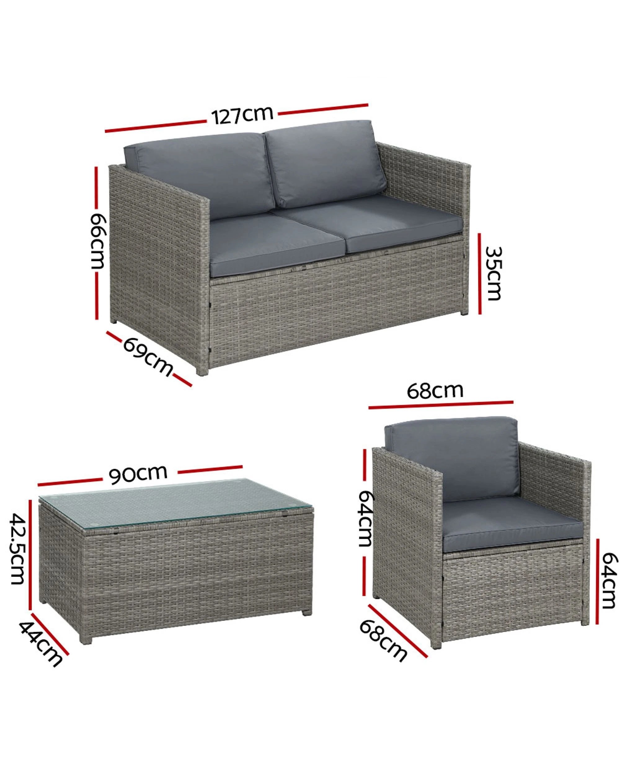 2 Gardeon 4-Piece Outdoor Sofa Set Wicker Couch Lounge Setting - Grey, 2 of 5