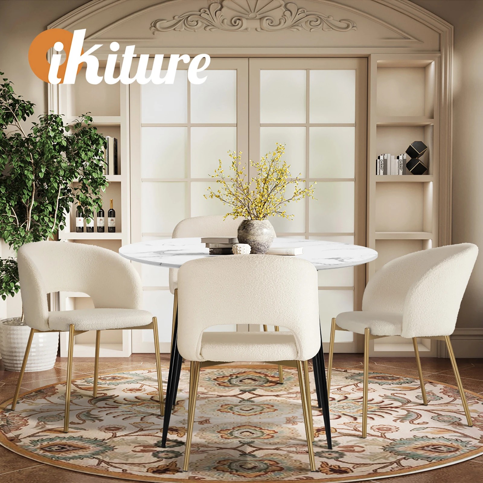 6 Oikiture 110cm Round Dining Table With 4pcs Dining Chairs Sherpa Gold Metal Legs
 - Multi, 6 of 10