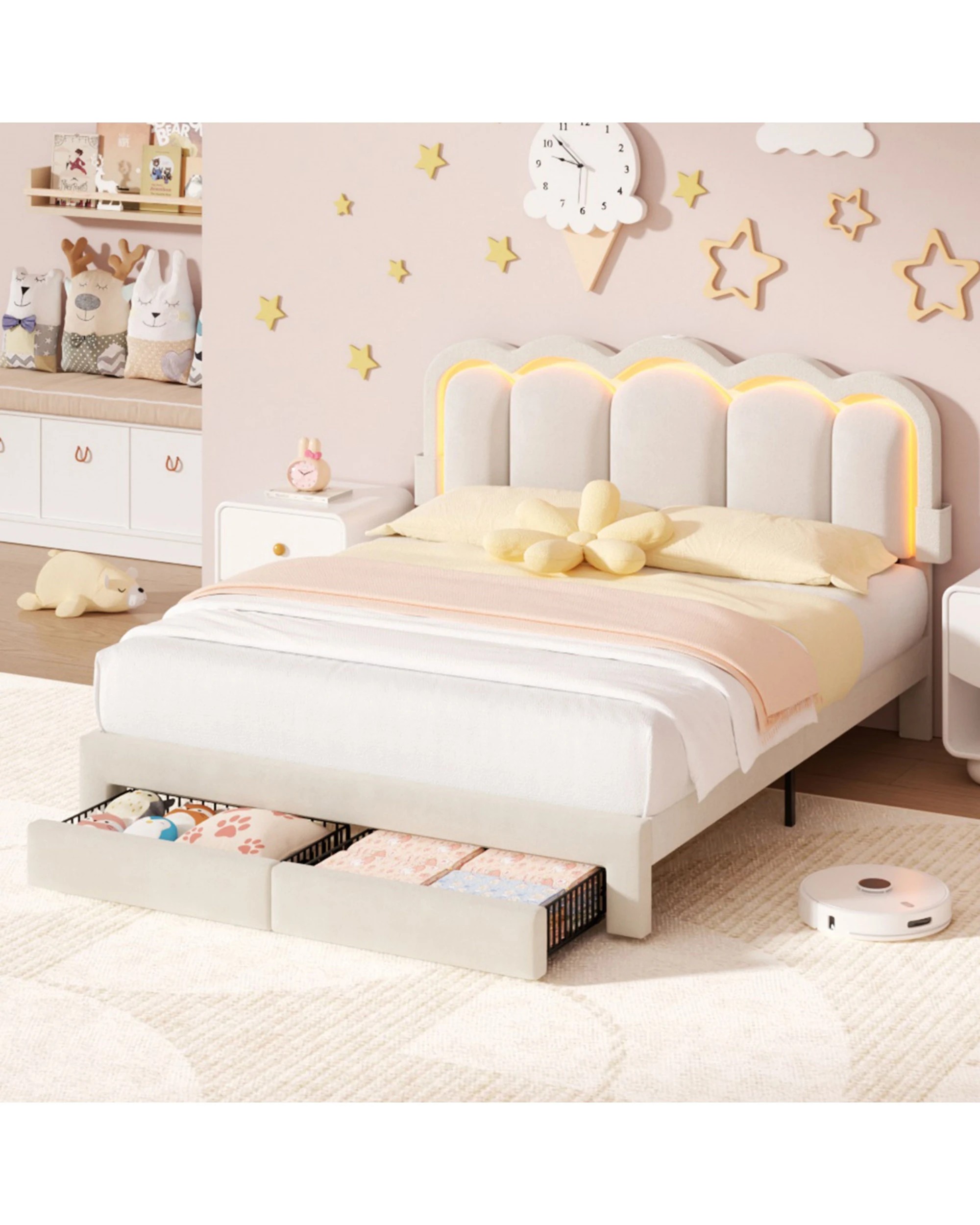 7 Advwin LED Bed Frame with Adjustable Headboard and 2 Storage Drawers USB Velvet Double - Beige, 7 of 8