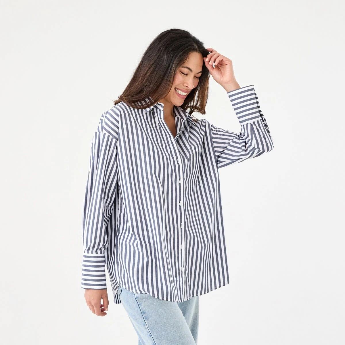 3 Long Sleeve Oversized Cotton Shirt Navy Strpe, 3 of 8