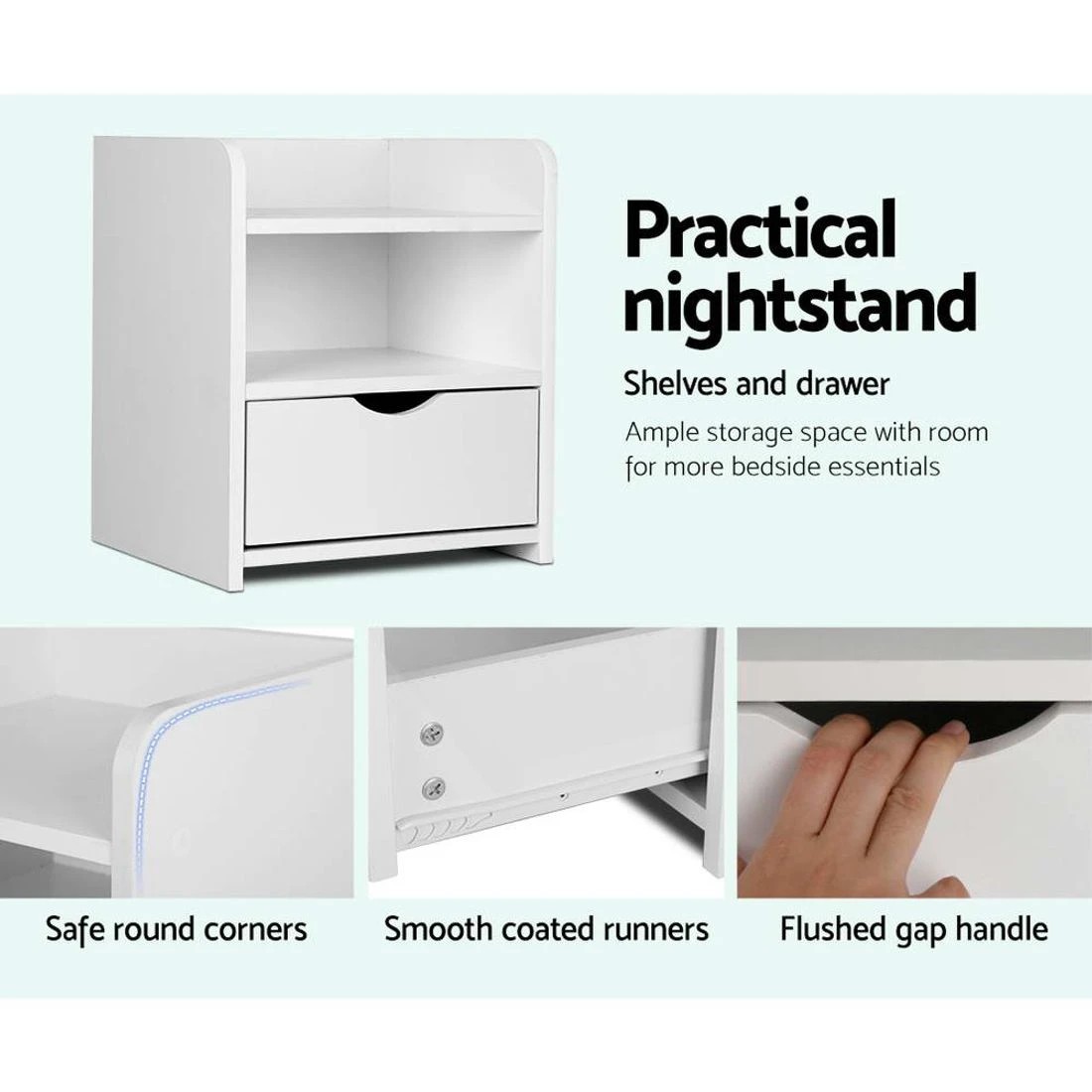 6 Artiss Bedside Table 1 Drawer with Shelf FARA - White, 6 of 9