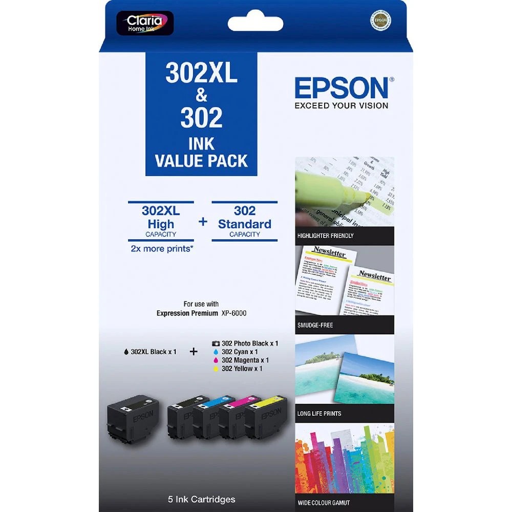 1 Epson 302 and 302XL 5 Ink Cartridge Value Pack, 1 of 1