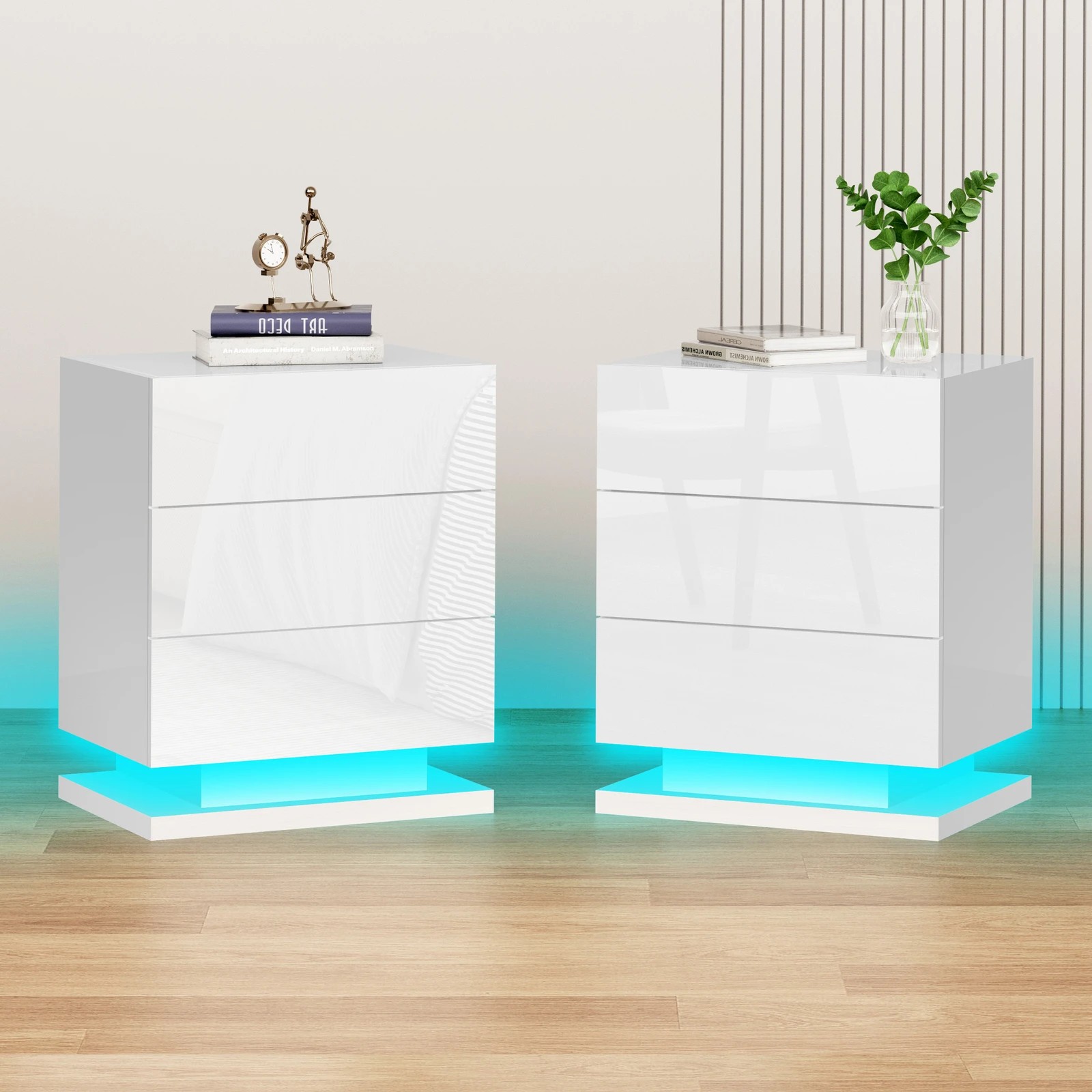 2 Alfordson 2x Bedside Table LED Nightstand 3 Drawers Gloss - White, 2 of 10