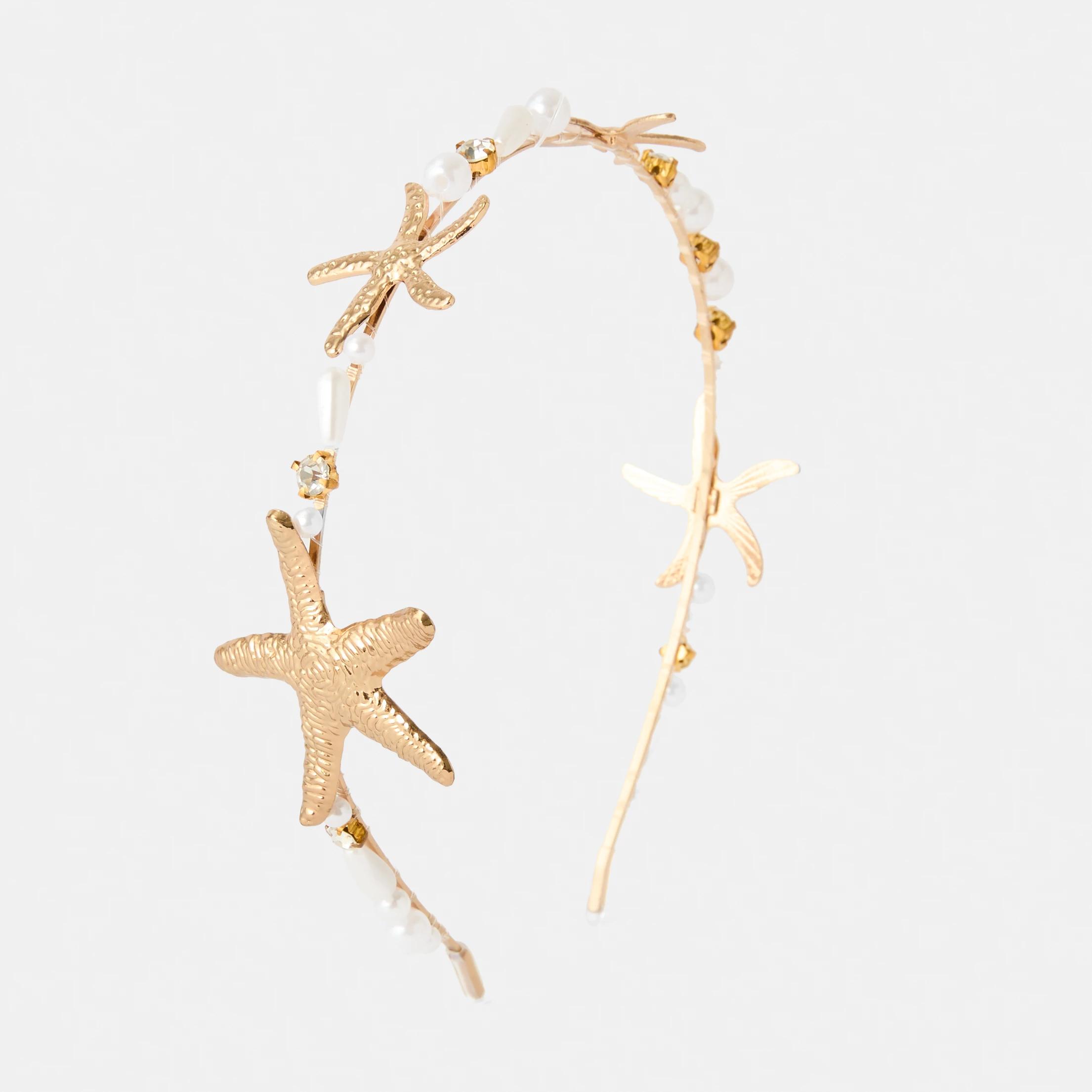 1 Faux Pearl Starfish Headband - White and Gold Tone GOLD, 1 of 5