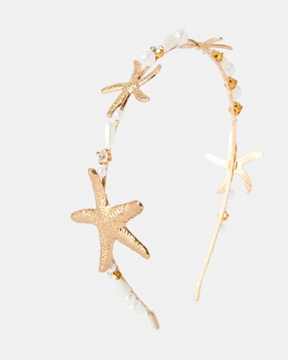 Faux Pearl Starfish Headband - White and Gold Tone
