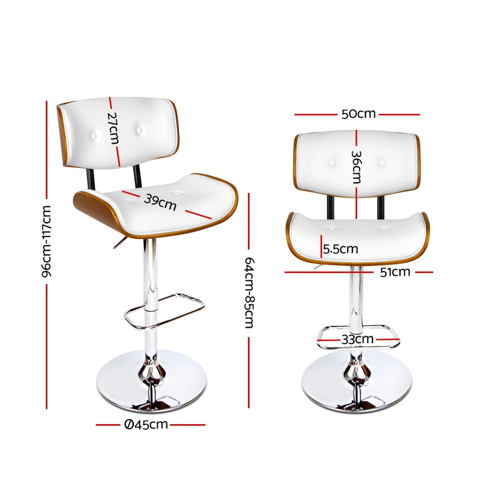 2 Artiss 2x Bar Stools Gas Lift Leather - White, 2 of 5
