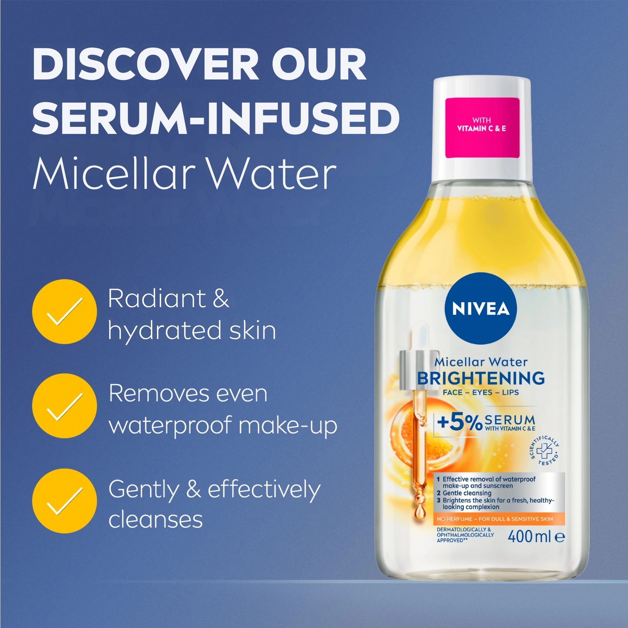 3 Nivea Brightening Micellar Water 400ml - 5% Serum with Vitamin E and C and Amino Acid Complex, 3 of 9
