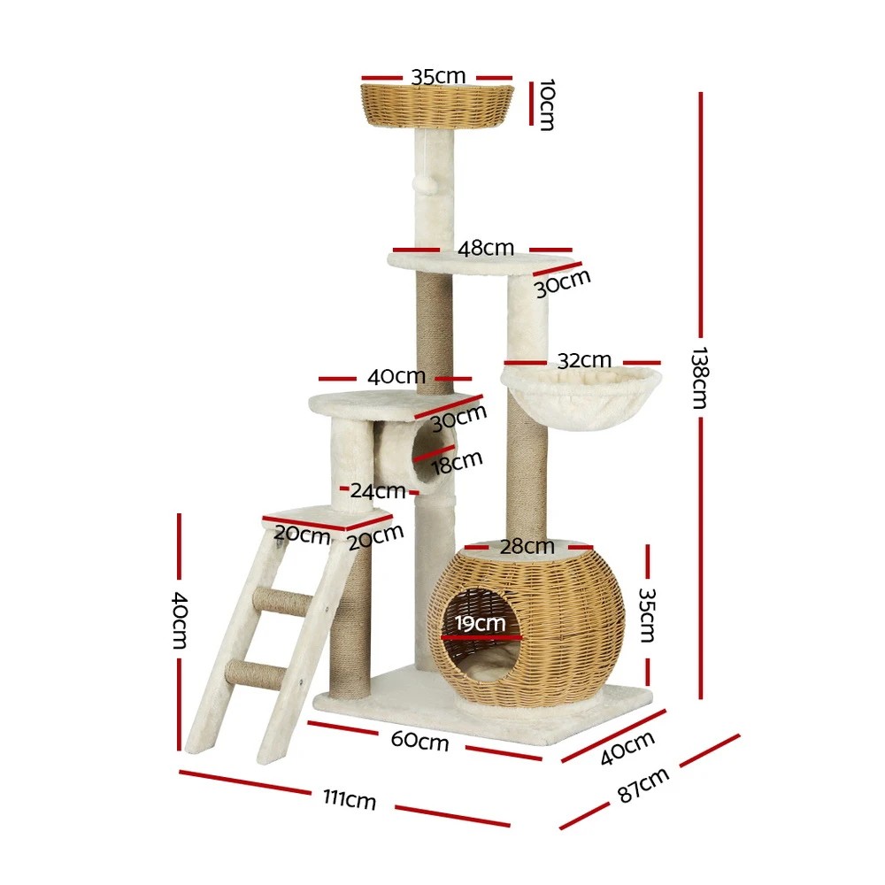 2 i.Pet Cat Tree 138cm Tower Scratching Post Scratcher Wood Bed Condo House Rattan Ladder - Multi, 2 of 4