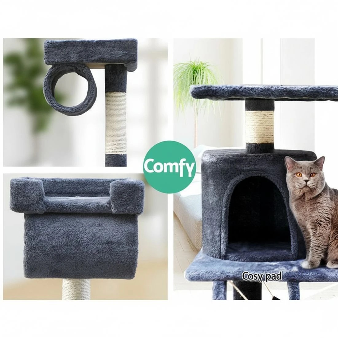 5 i.Pet Cat Tree 141cm Tower Scratching Post Scratcher Condo Wood House Bed - Grey, 5 of 7