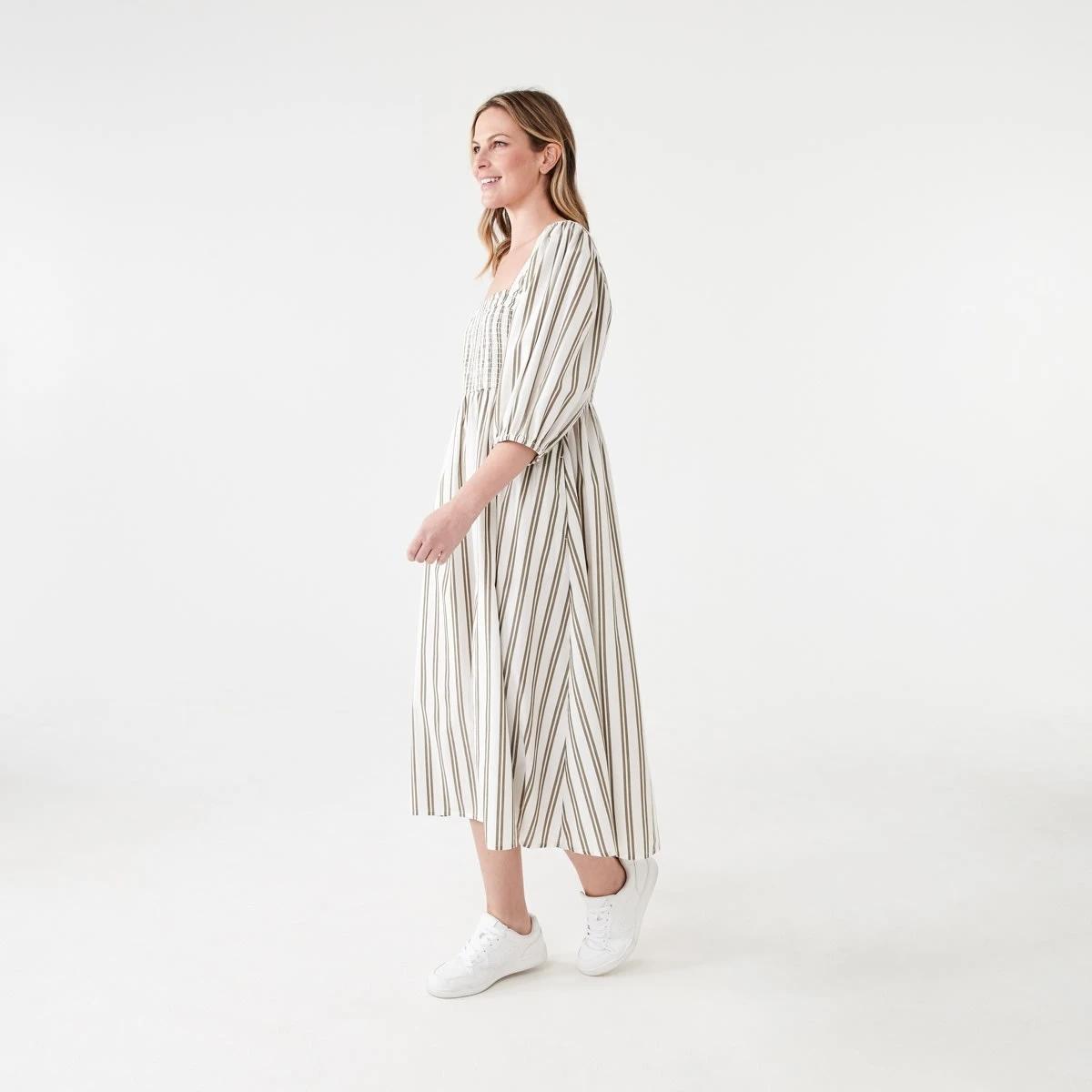 2 Short Sleeve Shirred Bodice Midi Dress TAYLOR STRIPE BURNT OLIVE, 2 of 6