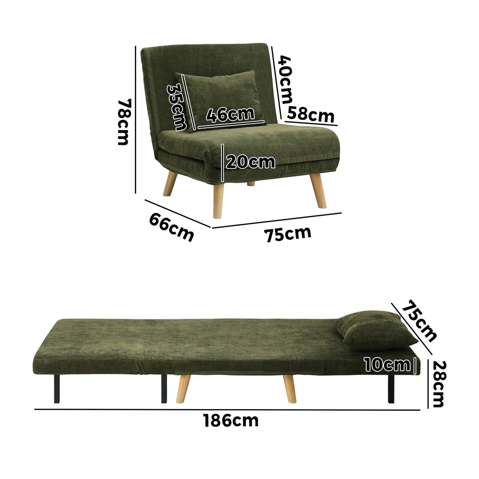 9 Oikiture Sofa Bed Lounge Chair Polyester Recliner Wood Leg Single Seat
 - Green, 9 of 9