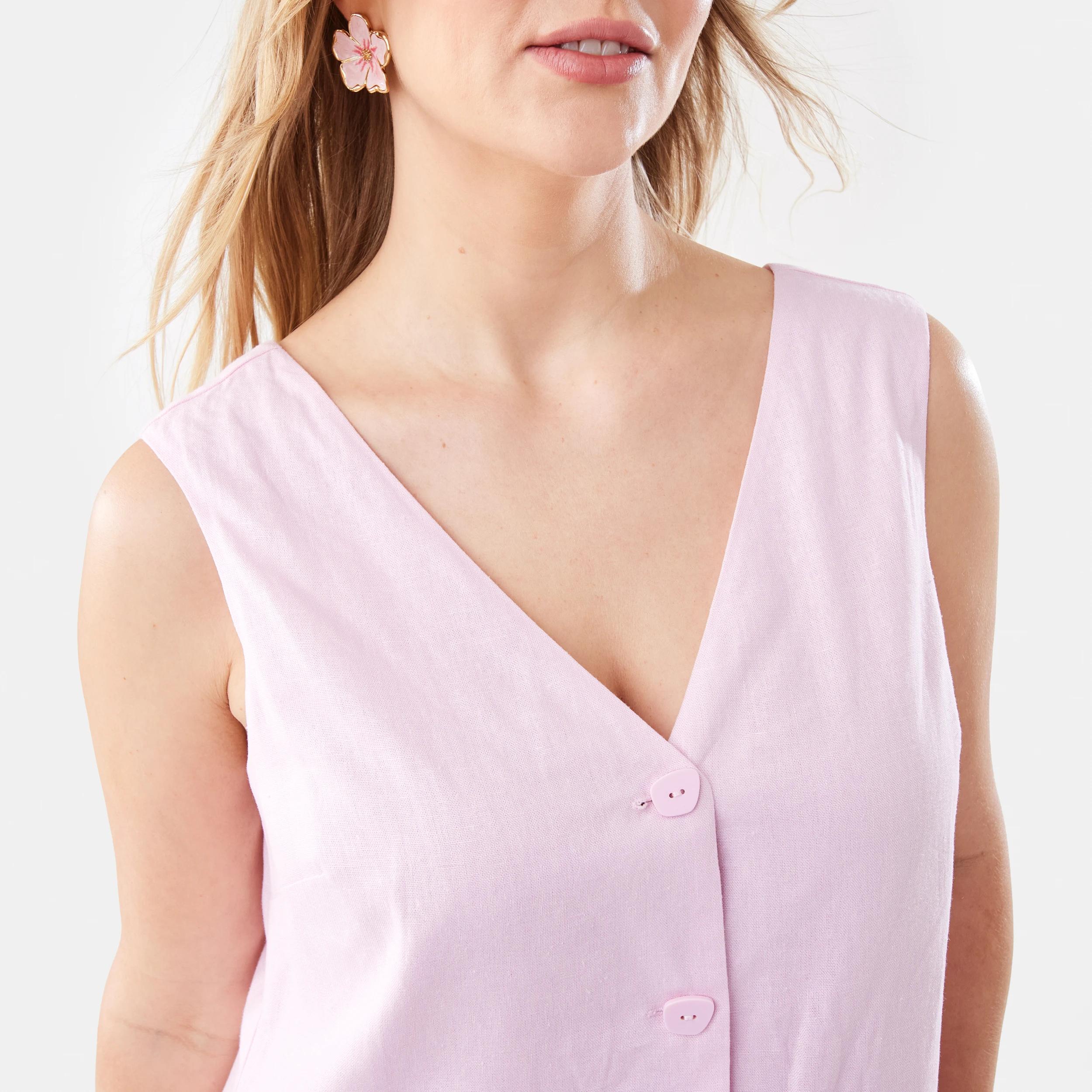 7 Sleeveless V-neck Linen Blend Button Mini Dress Chery Pink, 7 of 9
