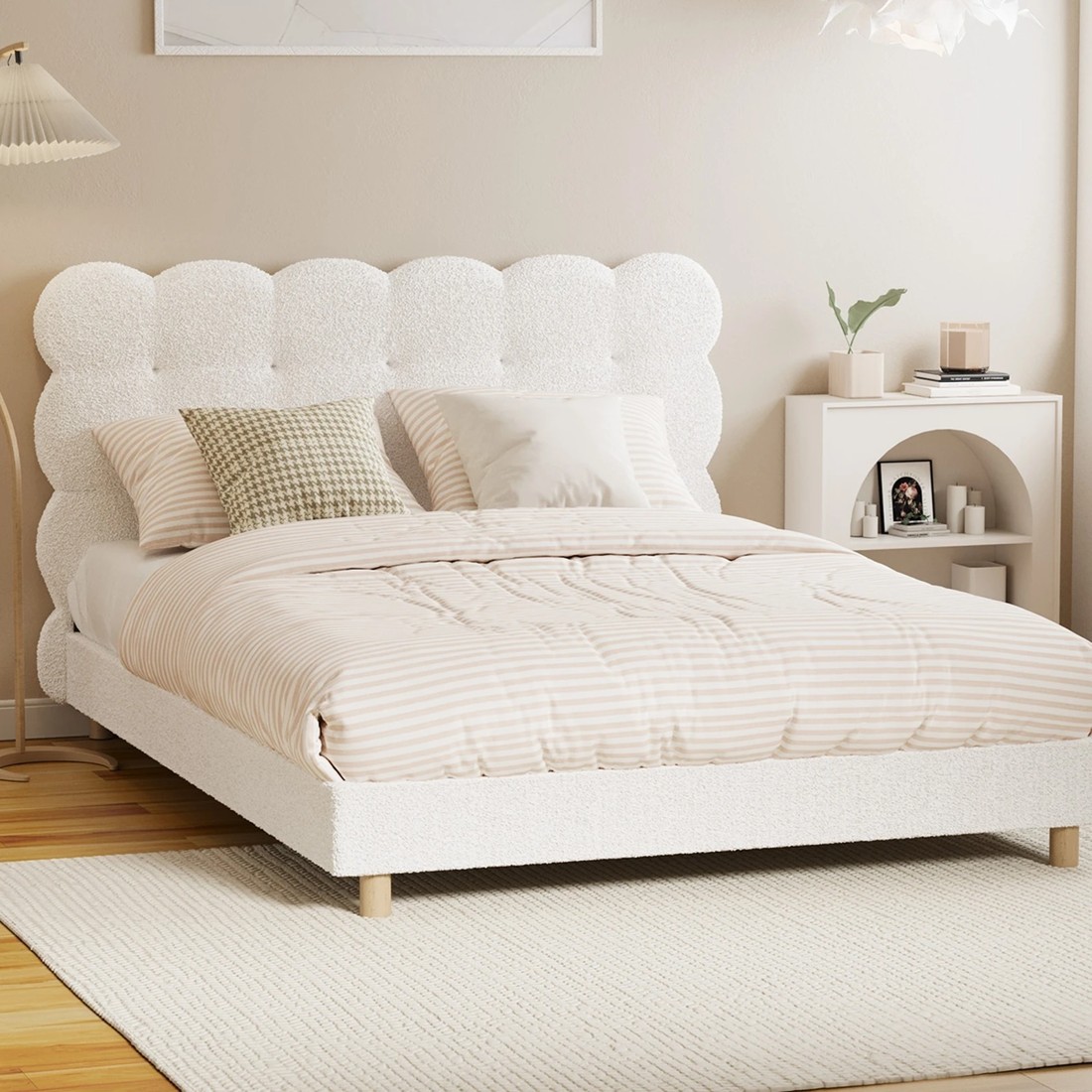 2 Oikiture Double Bed Tufted Bedhead Boucle Bed Frame
 - White, 2 of 10