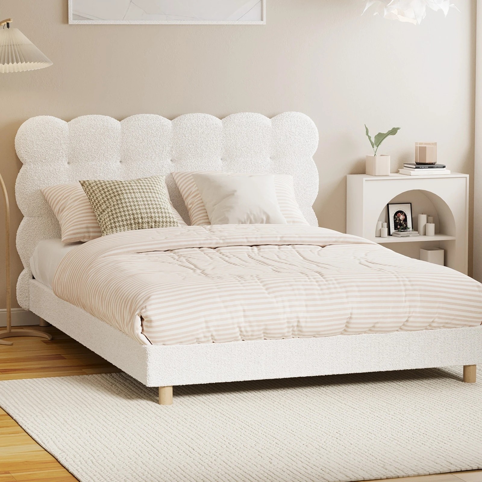2 Oikiture Double Bed Tufted Bedhead Boucle Bed Frame
 - White, 2 of 10
