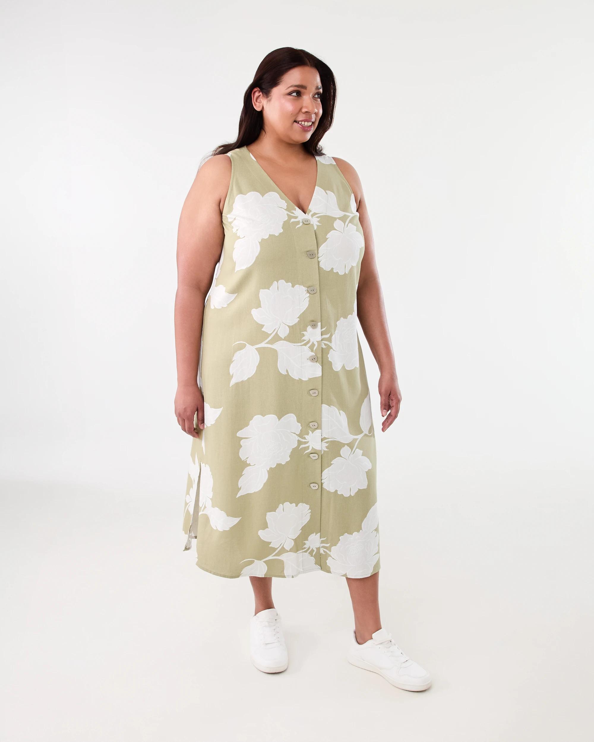2 Curve Sleeveless Button Through Midi Dress Green Flrl, 2 of 6